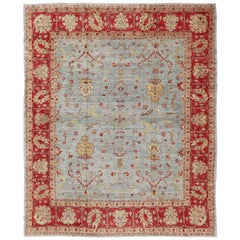 Vintage Angora Oushak Large Turkish Rug in Raspberry Red, Light Blue