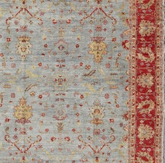 Angora Oushak Large Turkish Rug in Raspberry Red, Light Blue
