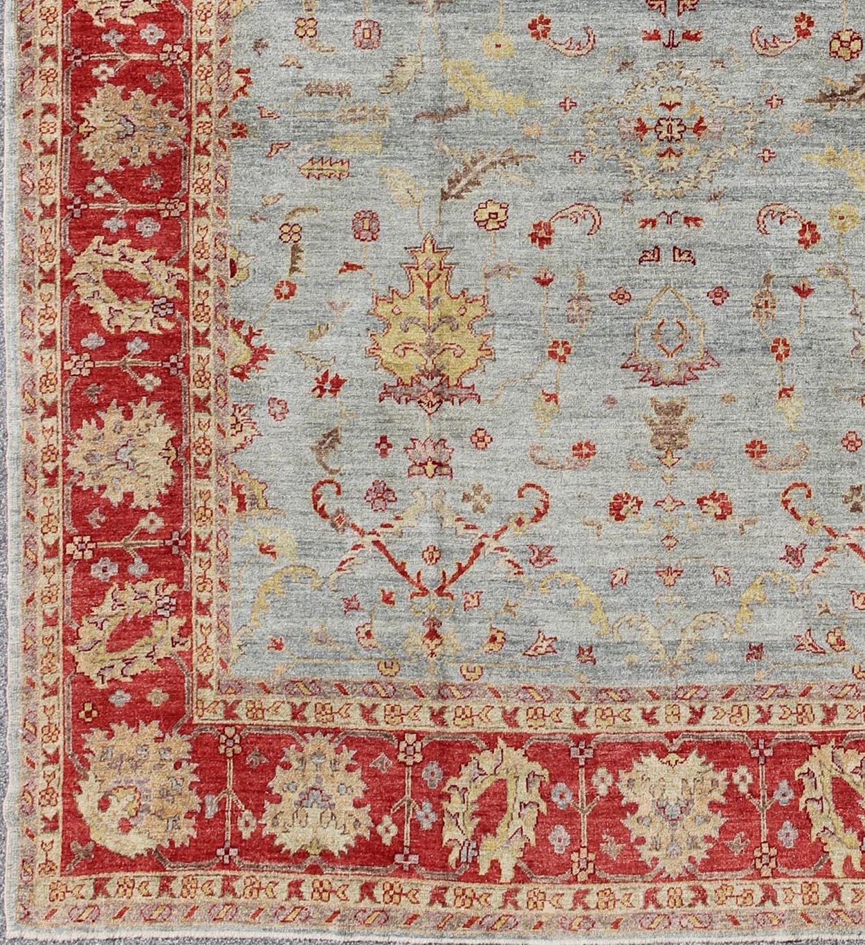 Hand-Knotted Angora Oushak Large Turkish Rug in Raspberry Red, Light Blue For Sale