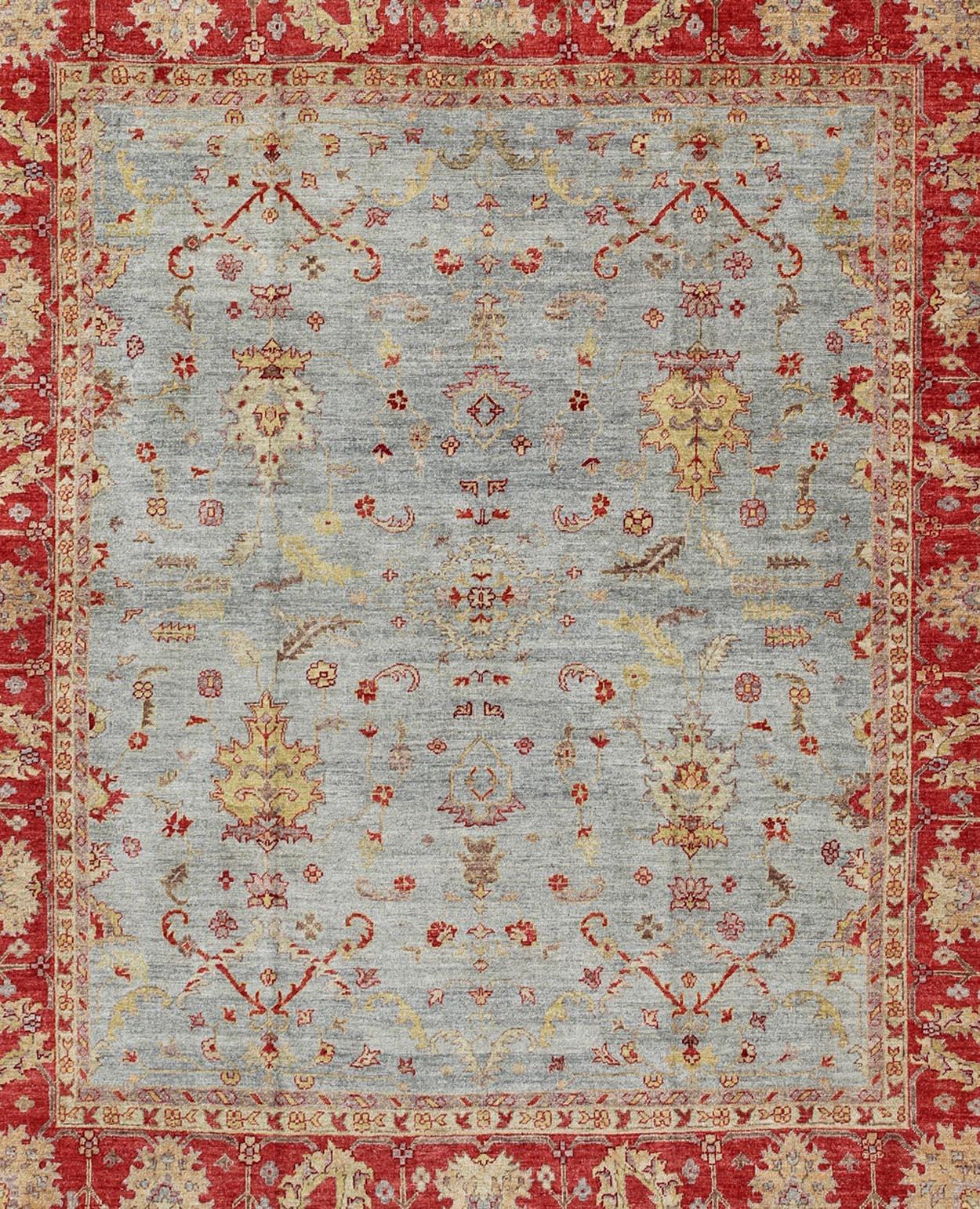 Angora Oushak Large Turkish Rug in Raspberry Red, Light Blue In Excellent Condition For Sale In Atlanta, GA