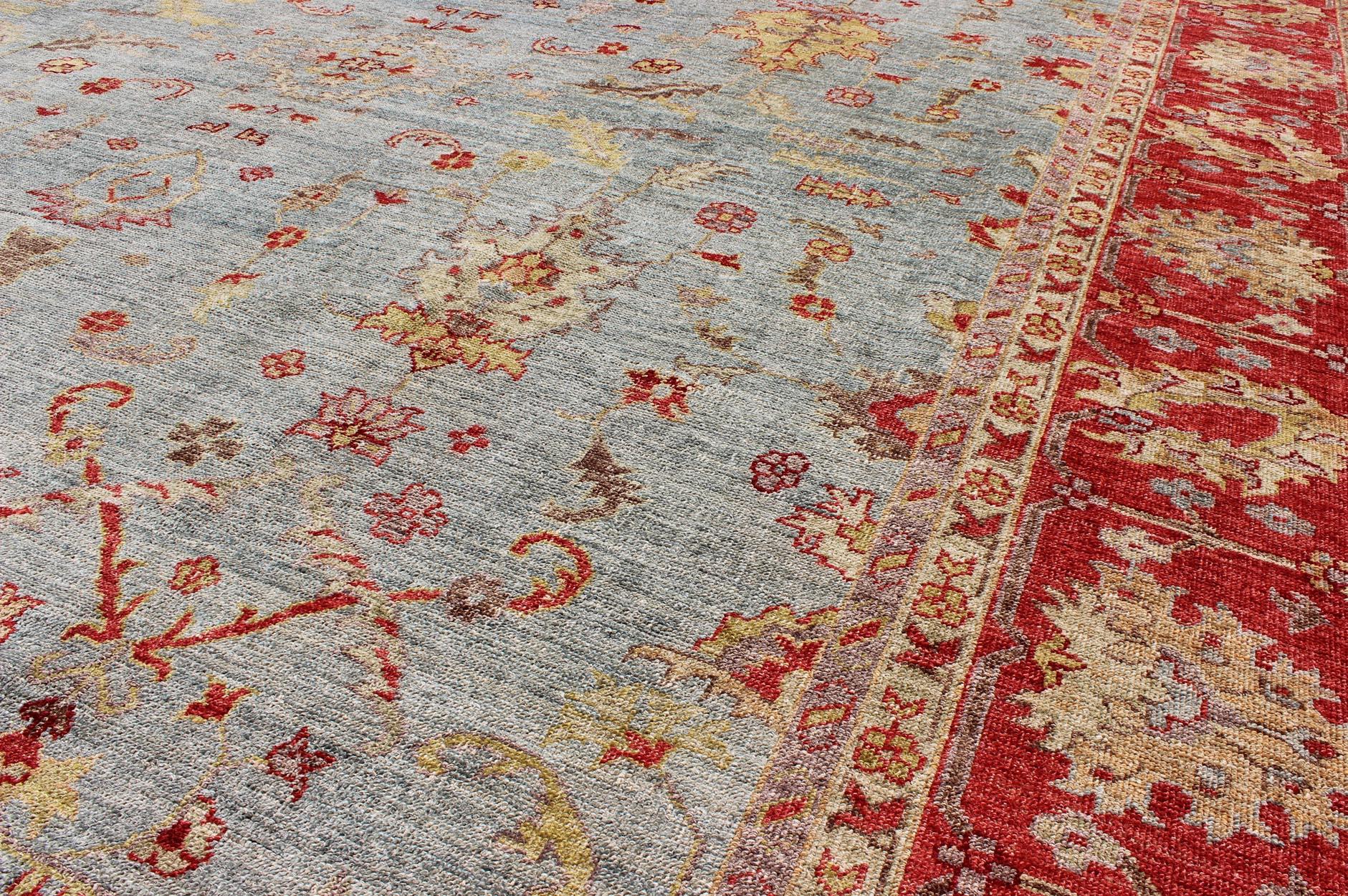 20th Century Angora Oushak Large Turkish Rug in Raspberry Red, Light Blue For Sale