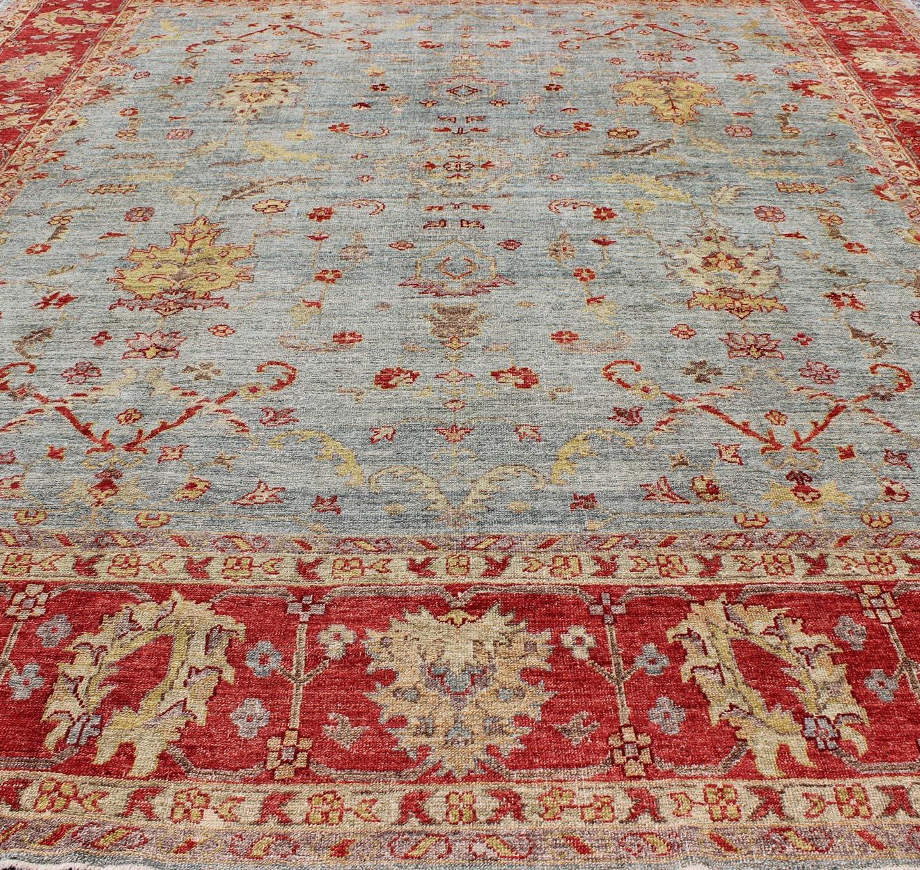 Wool Angora Oushak Large Turkish Rug in Raspberry Red, Light Blue For Sale