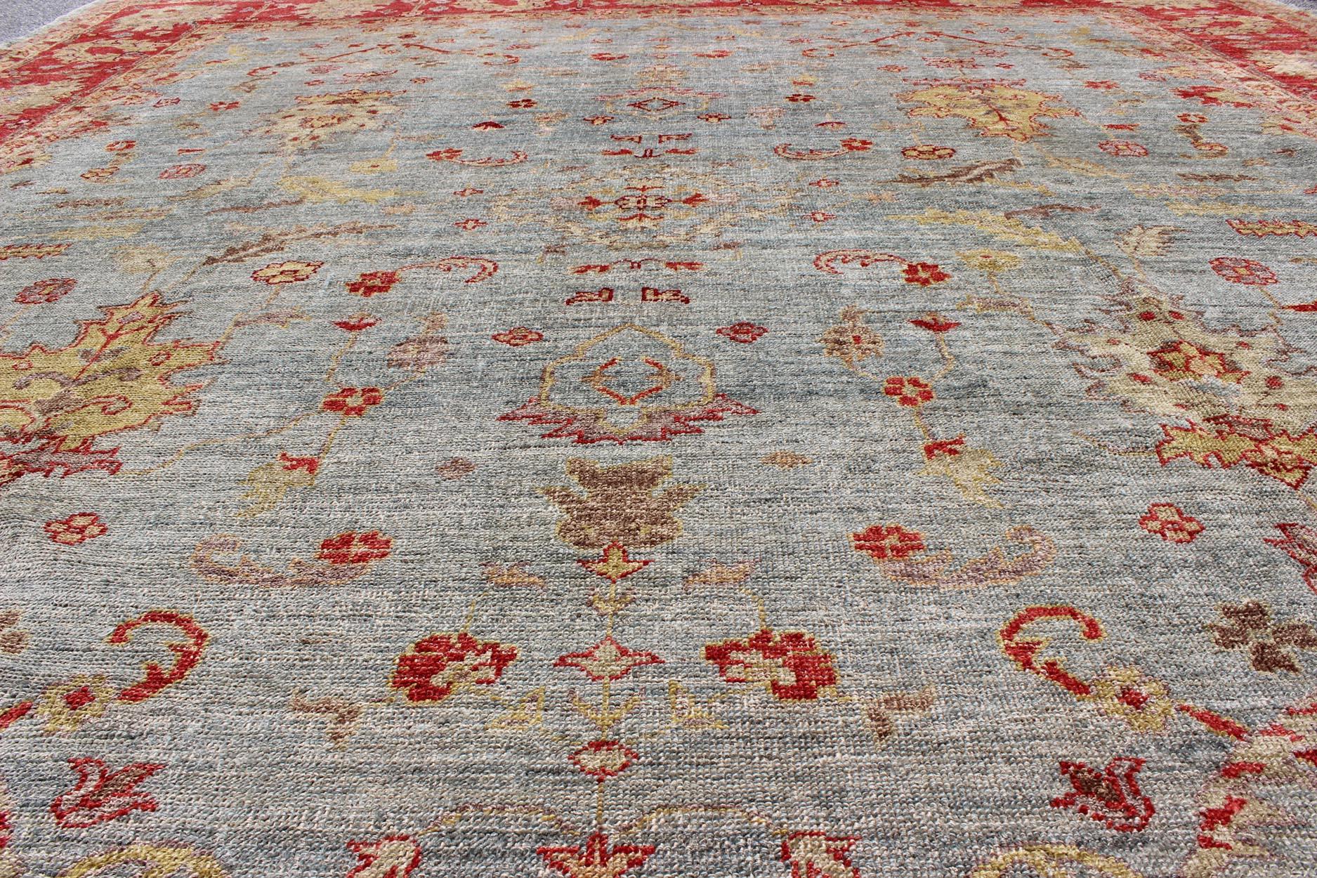Angora Oushak Large Turkish Rug in Raspberry Red, Light Blue For Sale 1