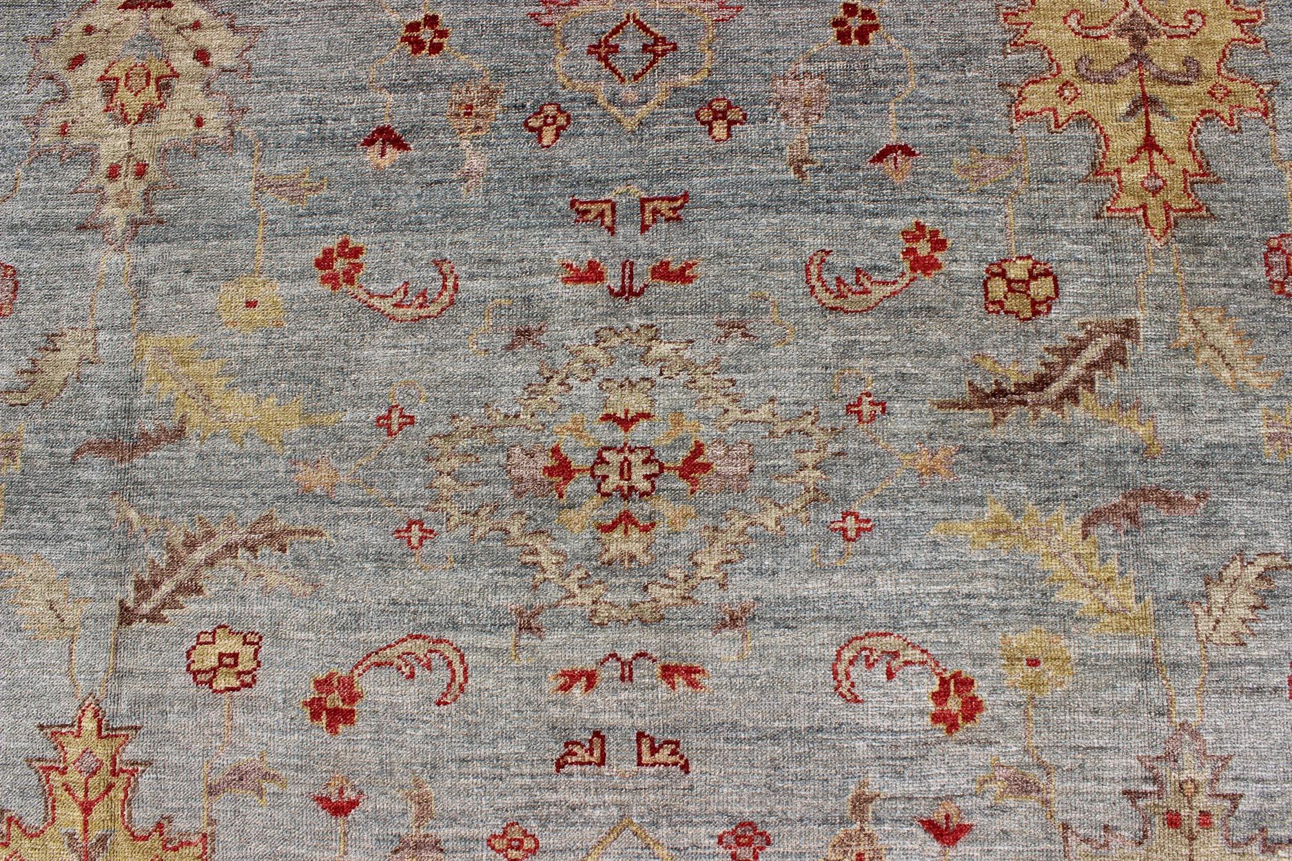 Angora Oushak Large Turkish Rug in Raspberry Red, Light Blue For Sale 2