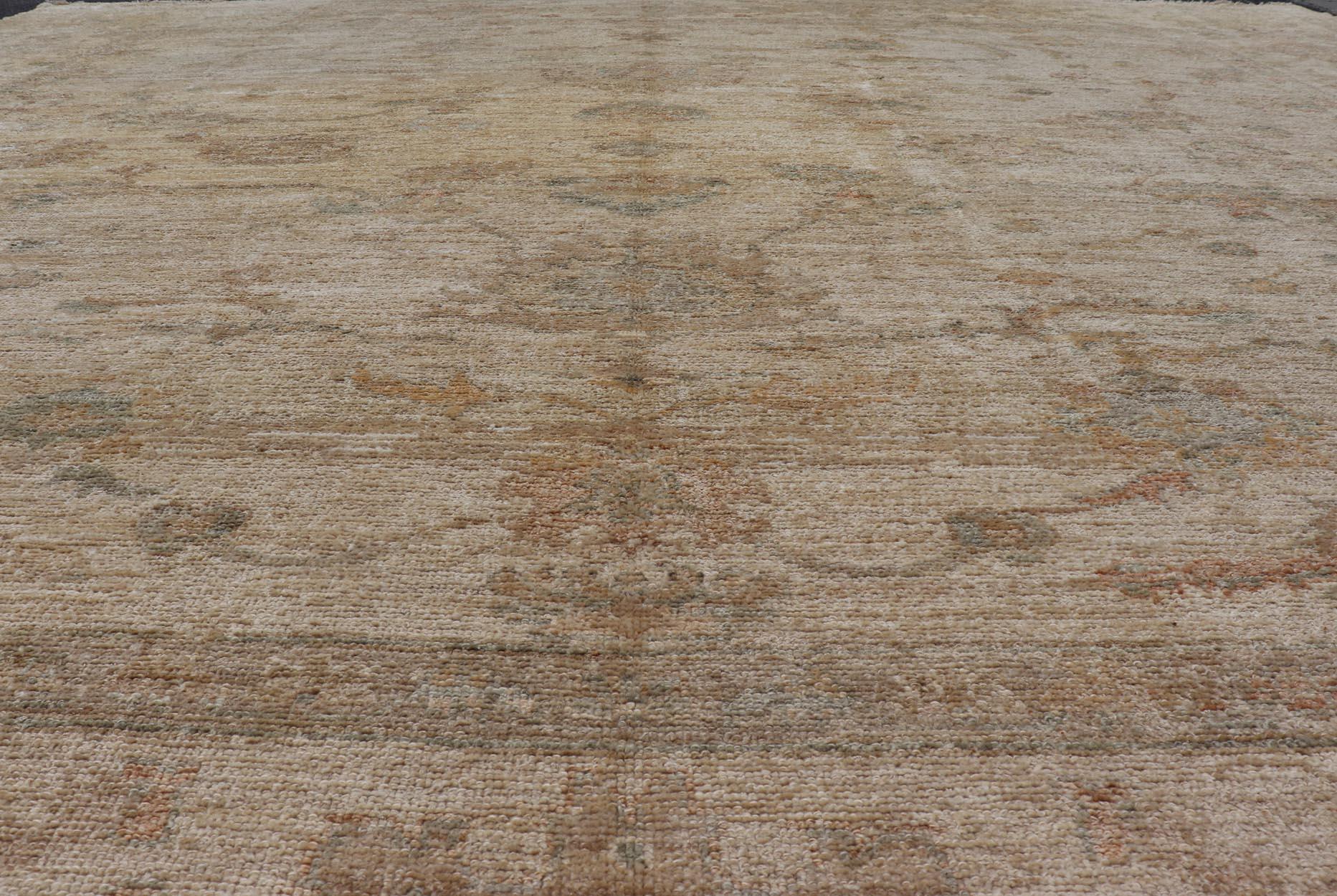 Hand-Knotted Angora Oushak Turkish Rug in Shades of Cream, Lt Green 12'9 x 13'6