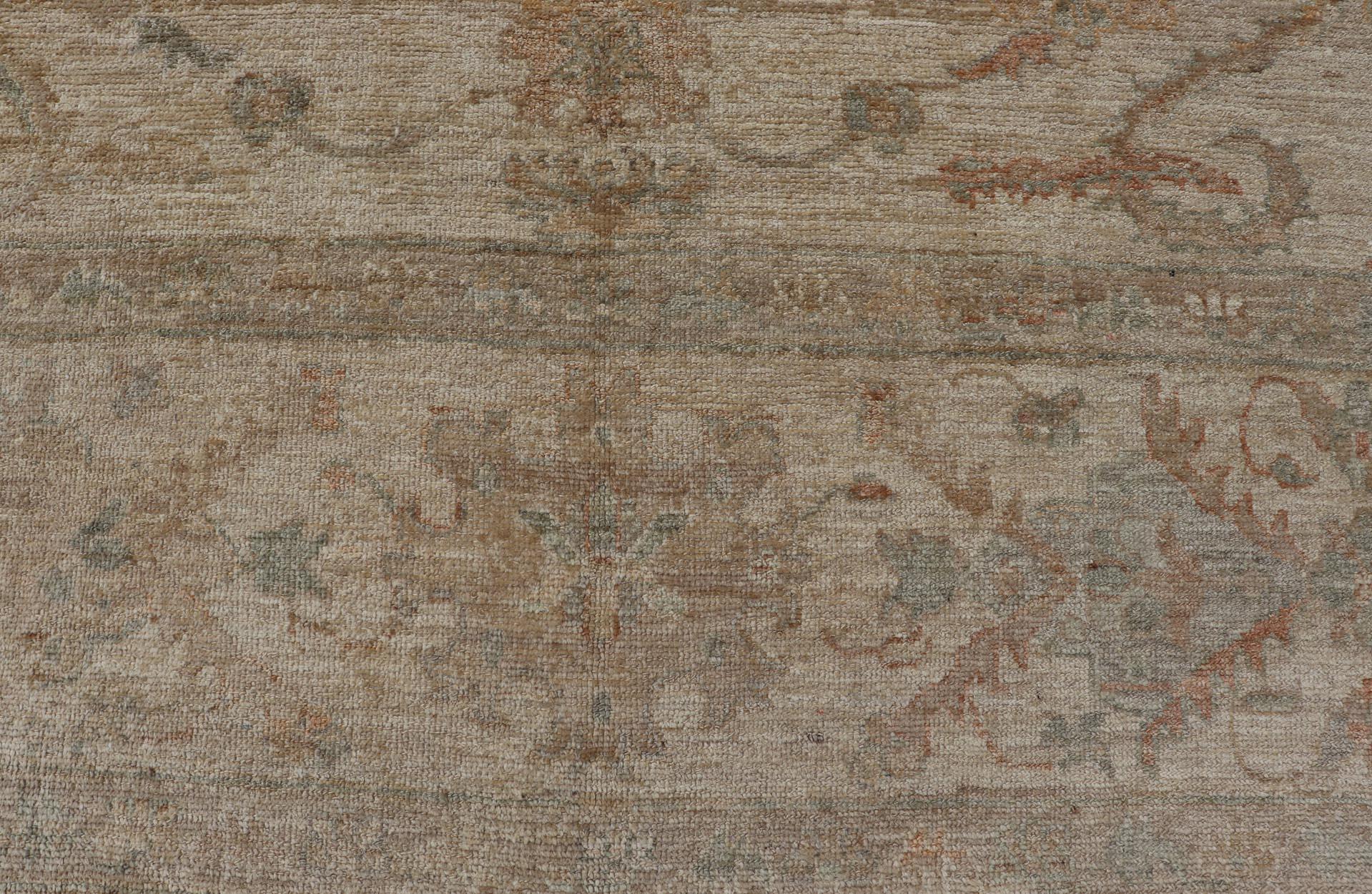Angora Oushak Turkish Rug in Shades of Cream, Lt Green 12'9 x 13'6 In Fair Condition In Atlanta, GA