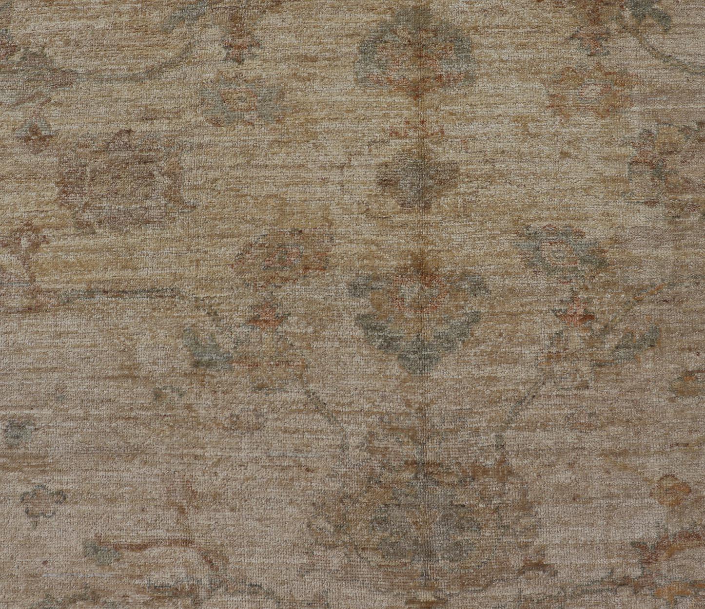 Contemporary Angora Oushak Turkish Rug in Shades of Cream, Lt Green 12'9 x 13'6