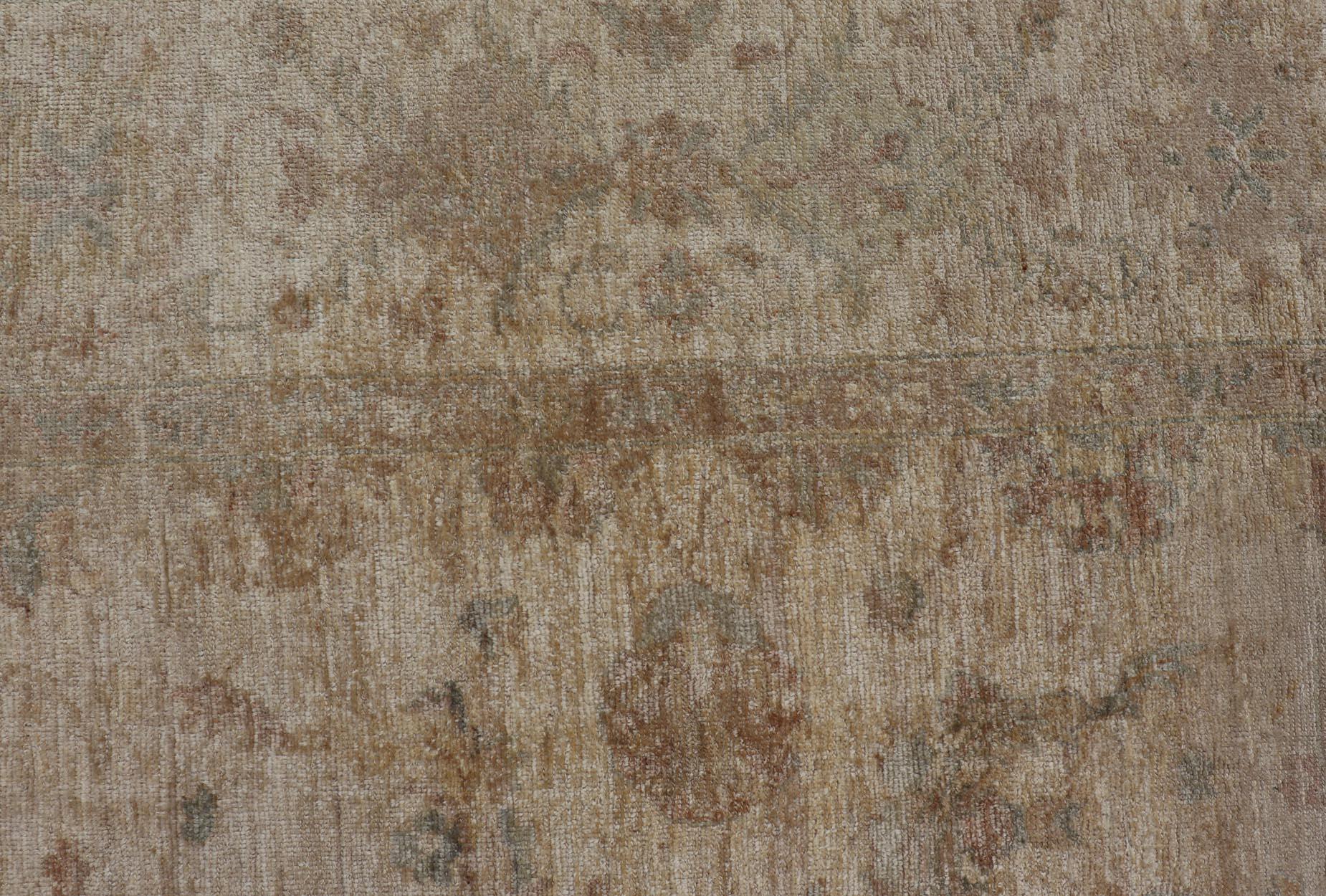Wool Angora Oushak Turkish Rug in Shades of Cream, Lt Green 12'9 x 13'6