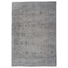 Angora Oushak Turkish Rug in Silver, Light Gray, and Shades of Blue Colors