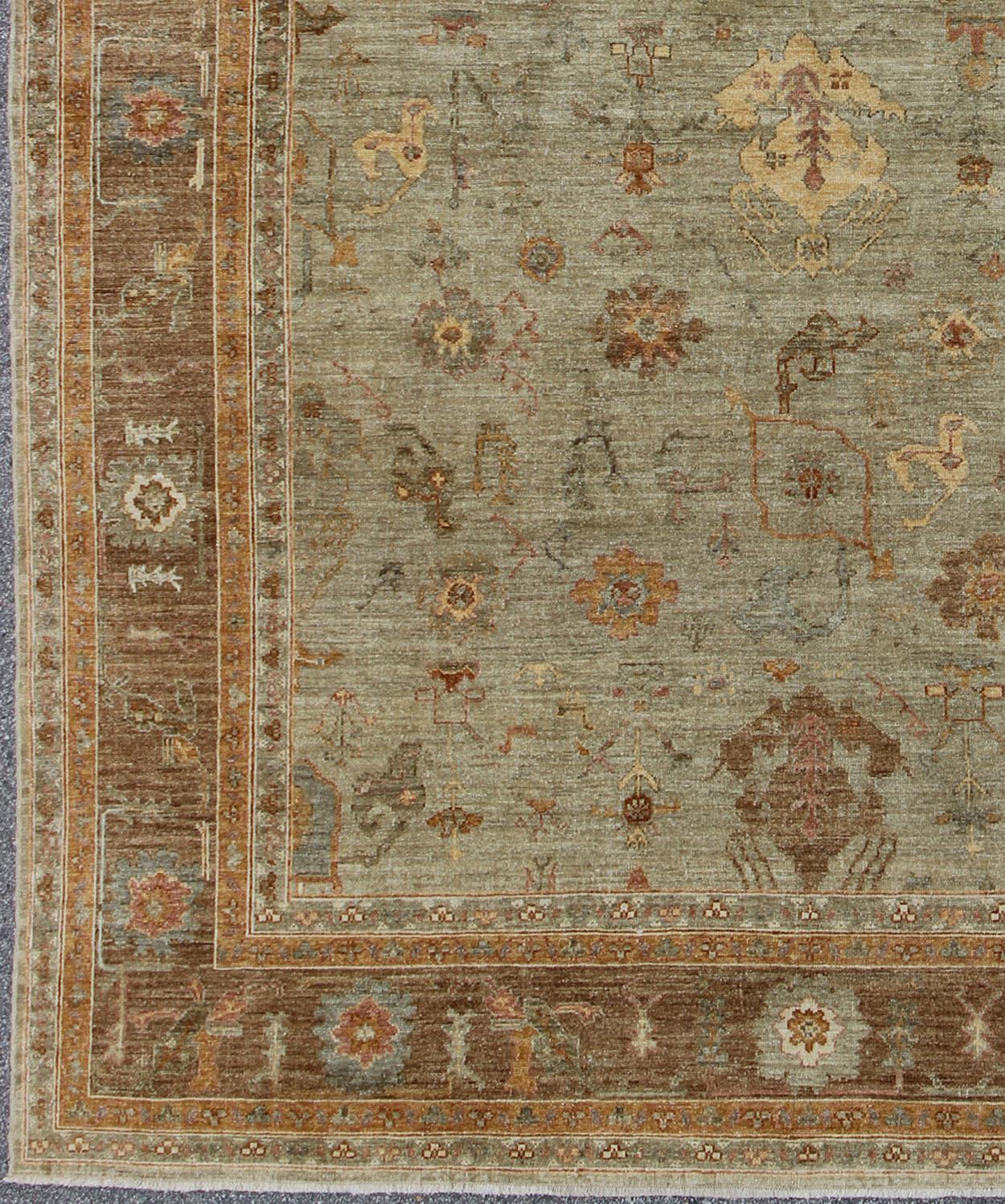 Angora Oushak Turkish Rug in Warm Colors of Green, Steel Gray, Brown, Cream In Excellent Condition In Atlanta, GA