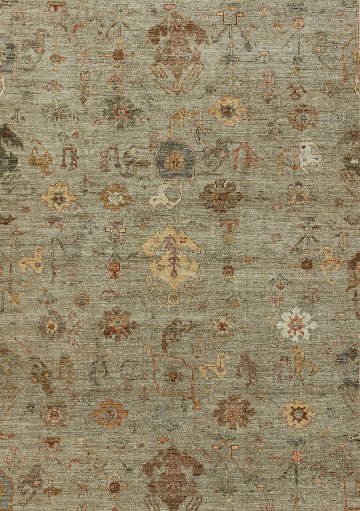 Contemporary Angora Oushak Turkish Rug in Warm Colors of Green, Steel Gray, Brown, Cream