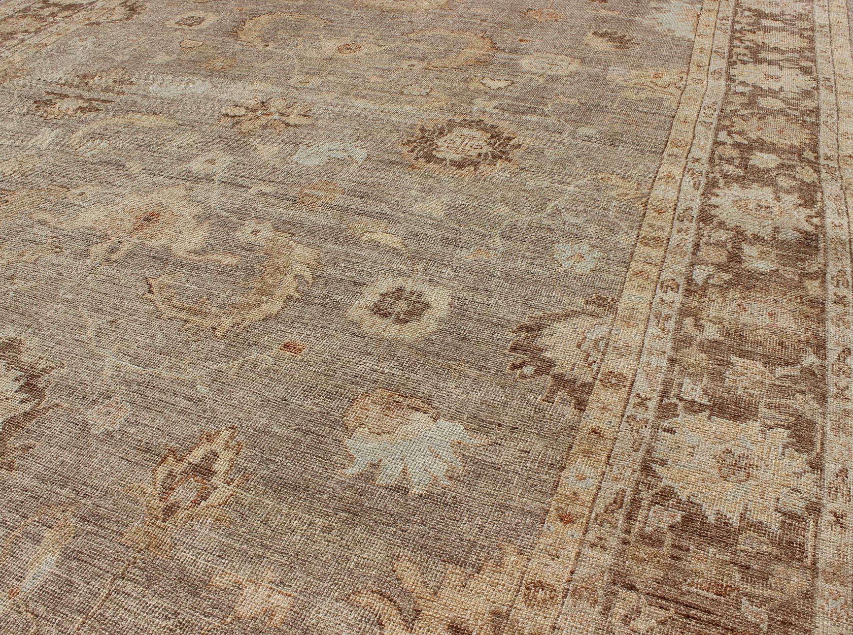 Hand-Knotted Angora Oushak Turkish Rug in Warm Colors of Taupe, Gray, Brown, Cream For Sale