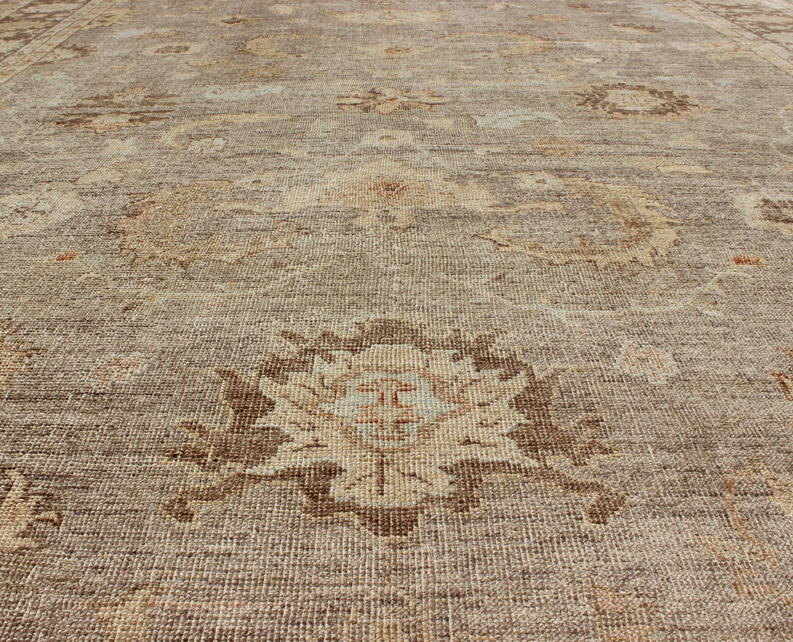 20th Century Angora Oushak Turkish Rug in Warm Colors of Taupe, Gray, Brown, Cream For Sale