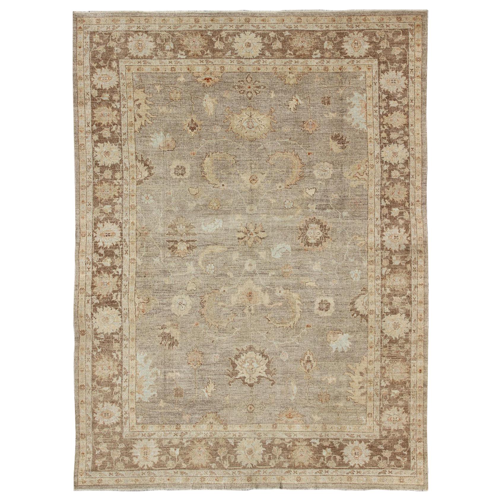 Angora Oushak Turkish Rug in Warm Colors of Taupe, Gray, Brown, Cream