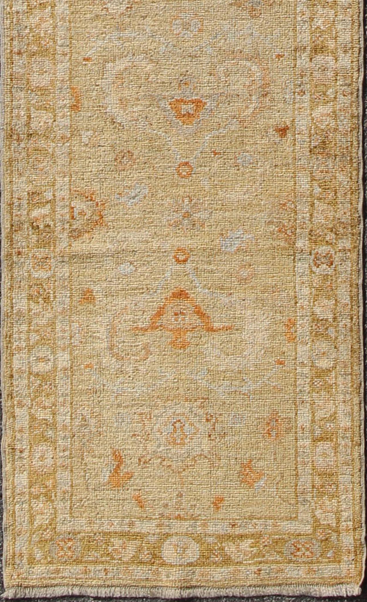 Persian Angora Oushak Turkish Runner with Classic Design in Gold Background For Sale
