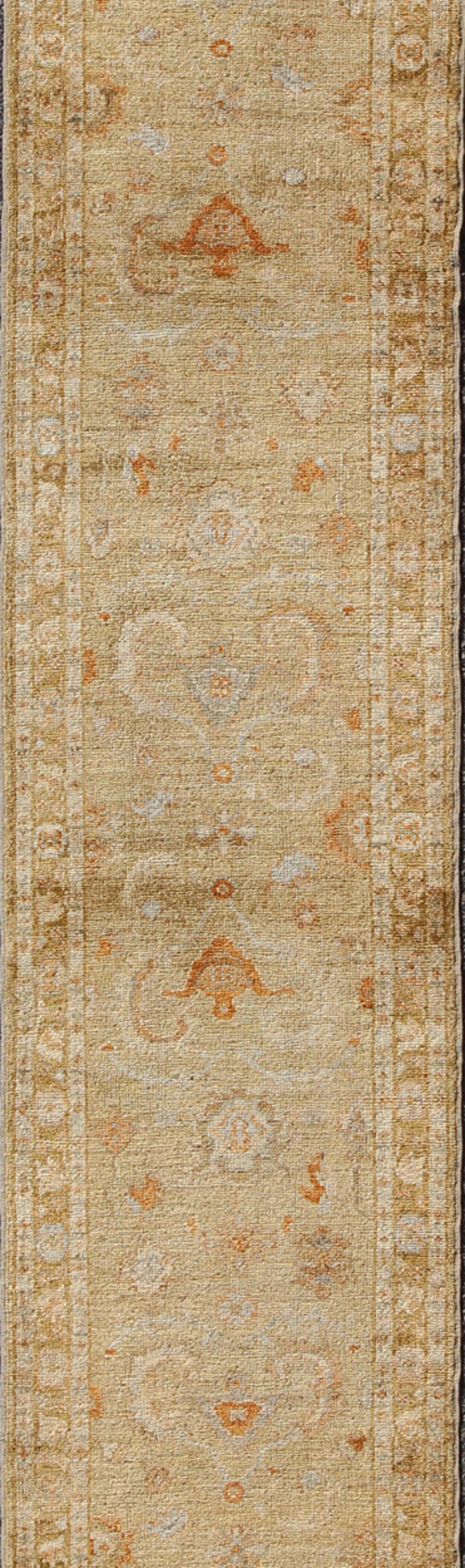 Hand-Knotted Angora Oushak Turkish Runner with Classic Design in Gold Background For Sale