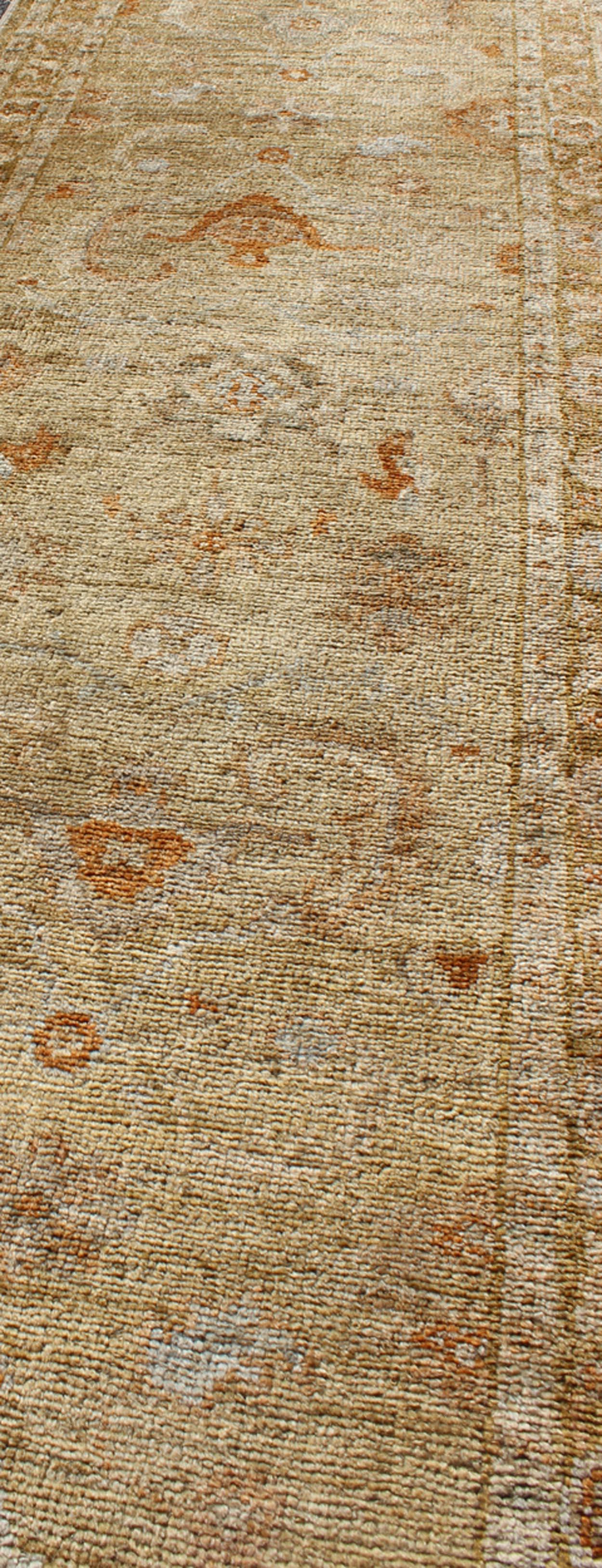 Wool Angora Oushak Turkish Runner with Classic Design in Gold Background For Sale