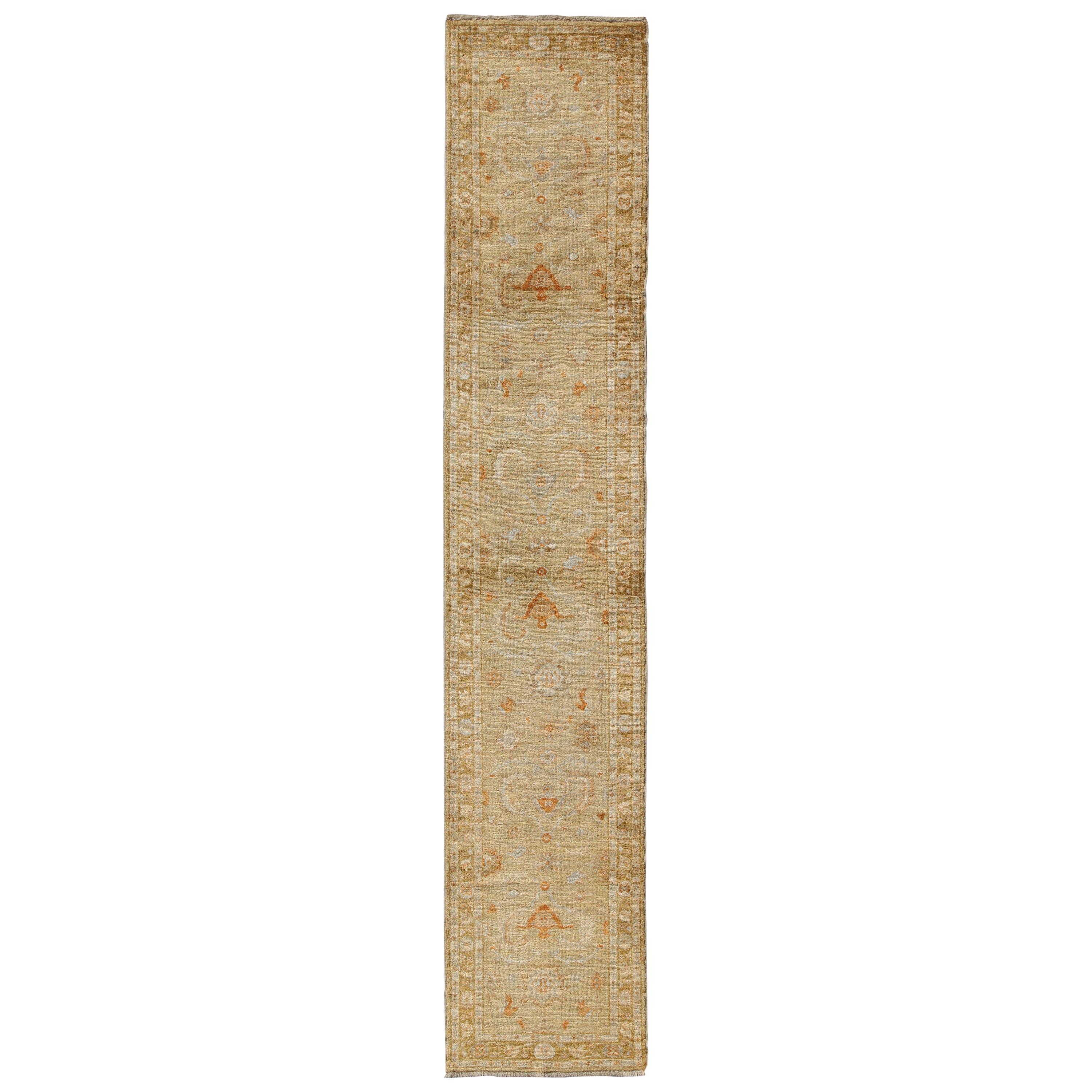 Angora Oushak Turkish Runner with Classic Design in Gold Background For Sale