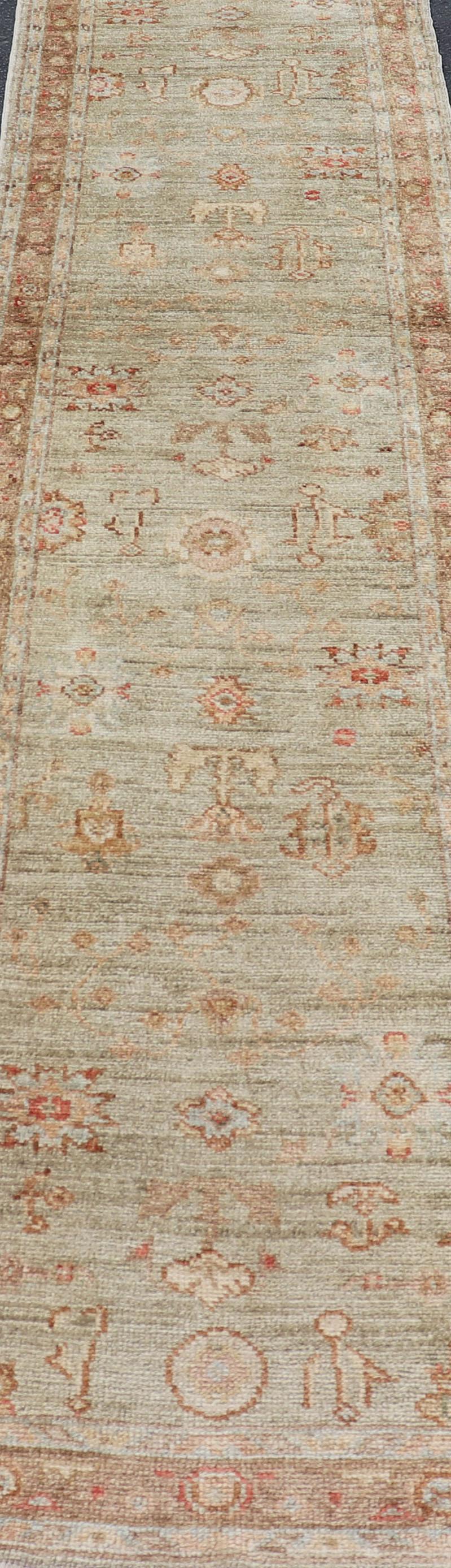 Angora Oushak Turkish Runner with Traditional Pattern in Green, Light Brown For Sale 4