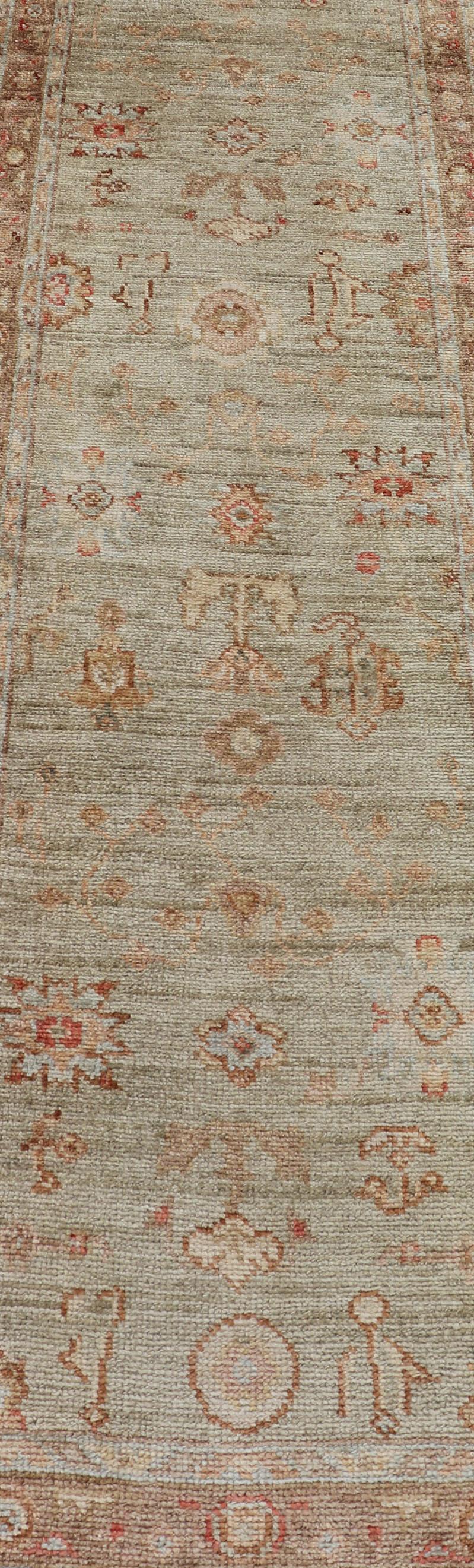 Angora Oushak Turkish Runner with Traditional Pattern in Green, Light Brown For Sale 5