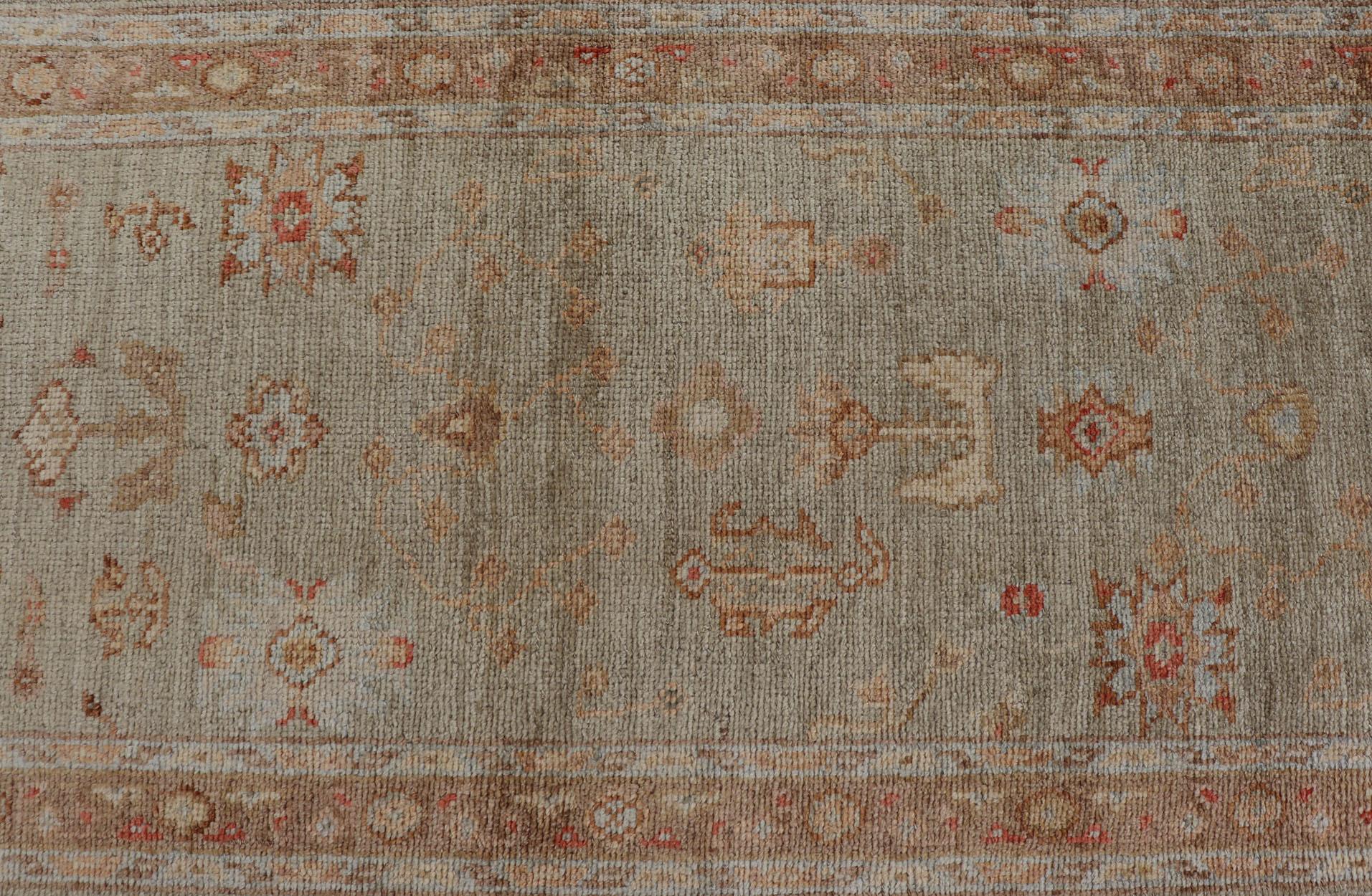 Angora Oushak Turkish Runner with Traditional Pattern in Green, Light Brown For Sale 7