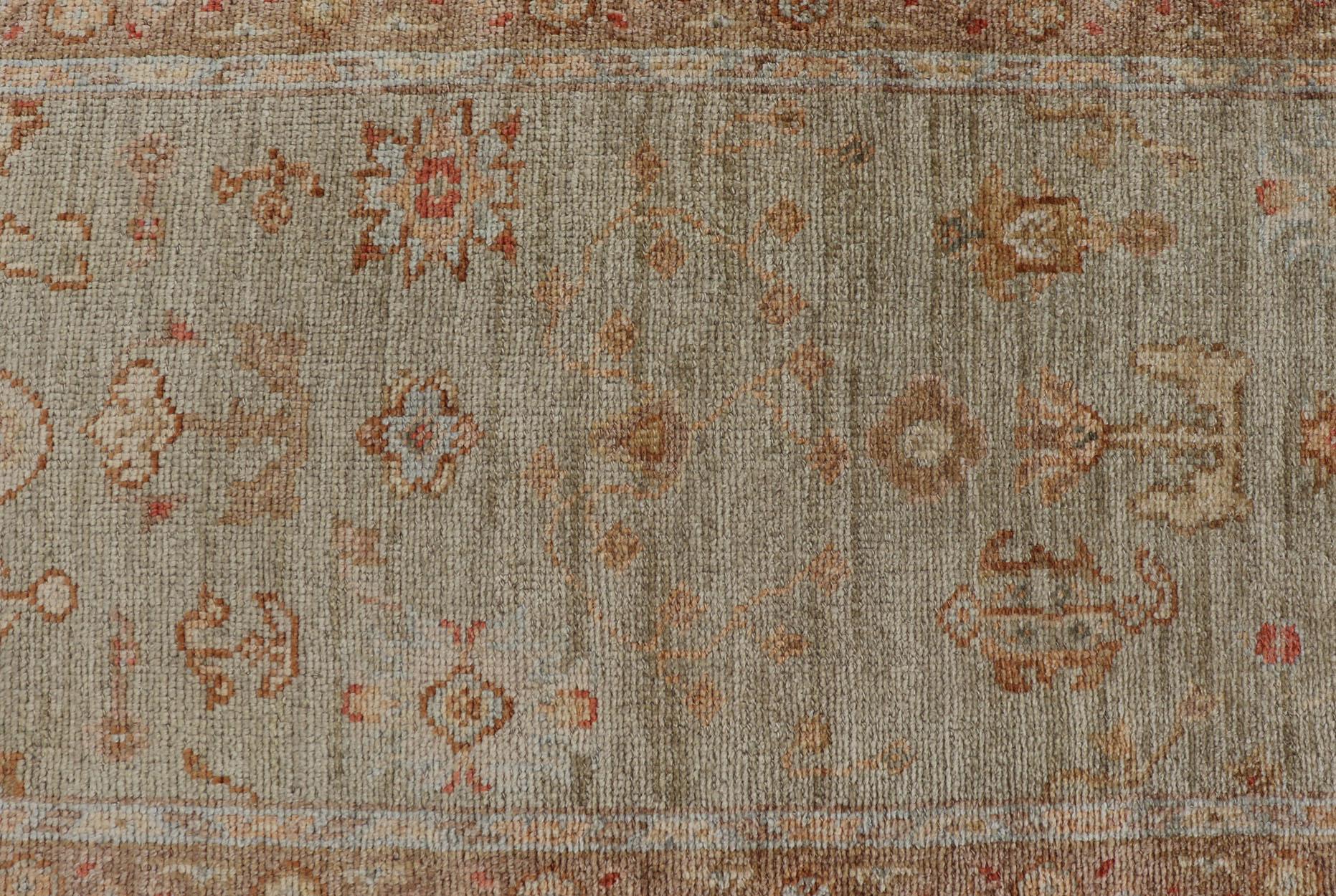 Angora Oushak Turkish Runner with Traditional Pattern in Green, Light Brown For Sale 8