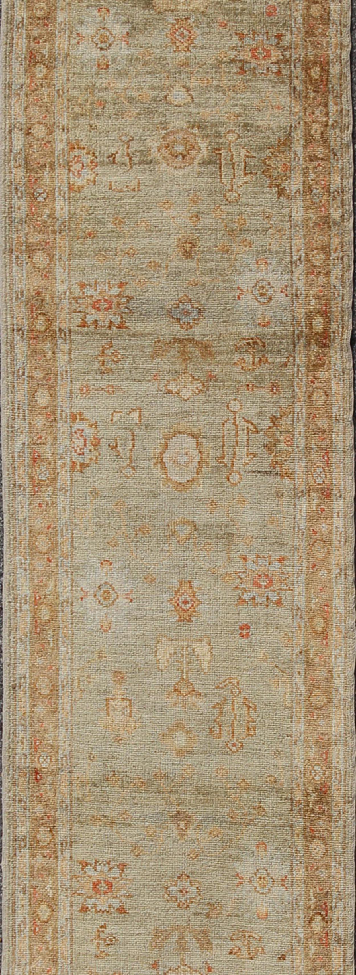Late 20th Century Angora Oushak Turkish Runner with Traditional Pattern in Green, Light Brown For Sale