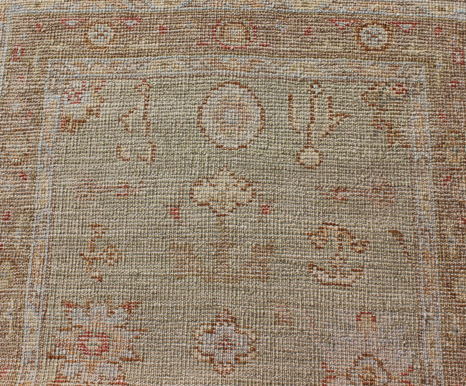 Wool Angora Oushak Turkish Runner with Traditional Pattern in Green, Light Brown For Sale