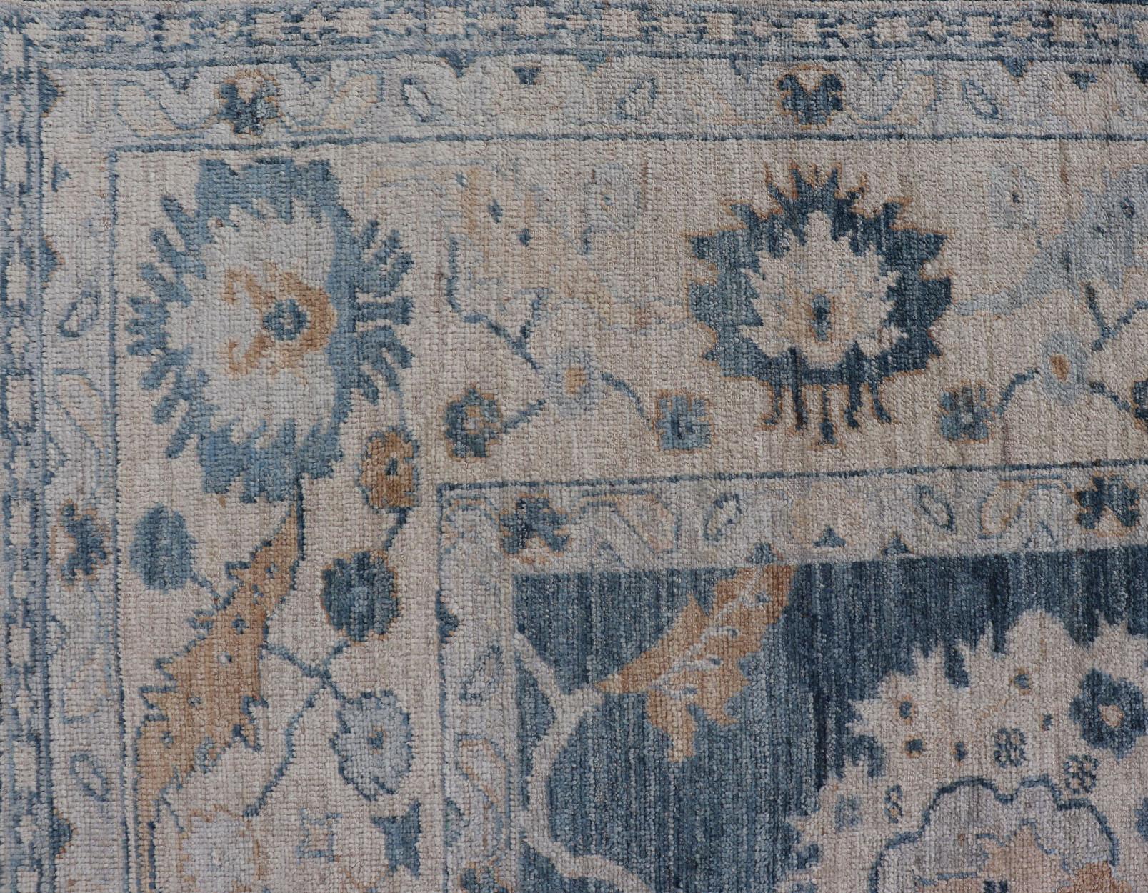 Angora Turkish Oushak by Keivan Woven Arts Floral Design in Blue's In New Condition For Sale In Atlanta, GA