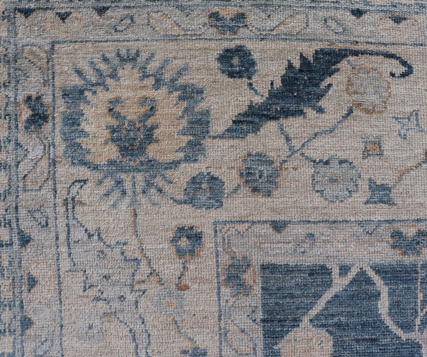 Contemporary Angora Turkish Oushak by Keivan Woven Arts Floral Design in Blue's For Sale