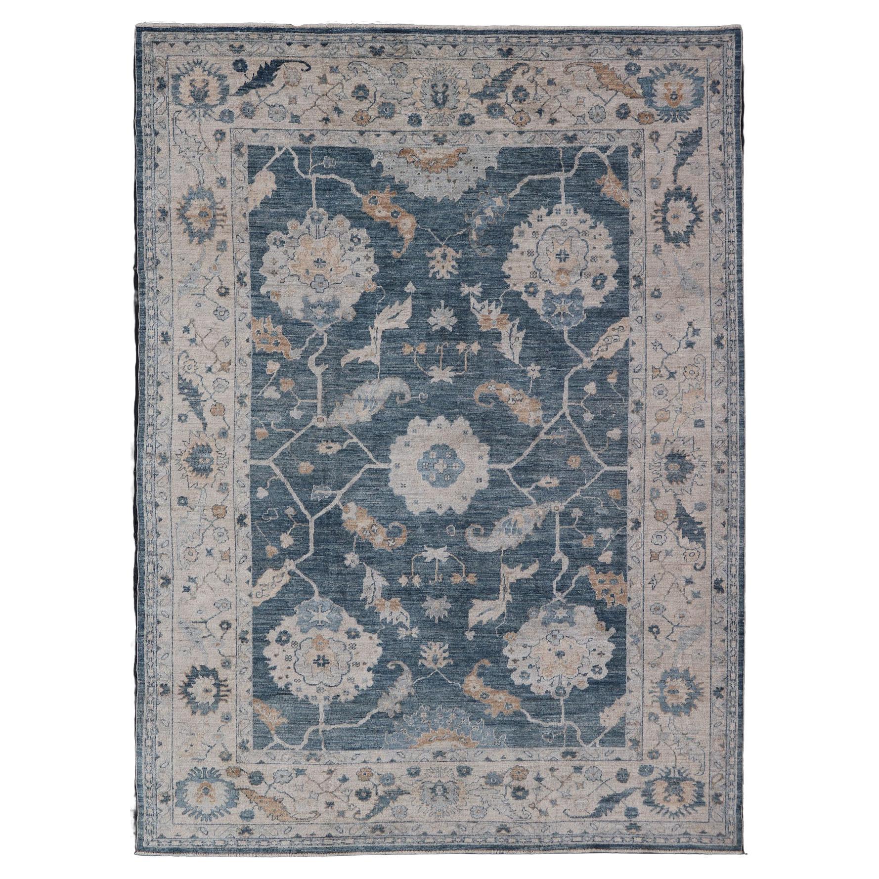 Angora Turkish Oushak by Keivan Woven Arts Floral Design in Blue's