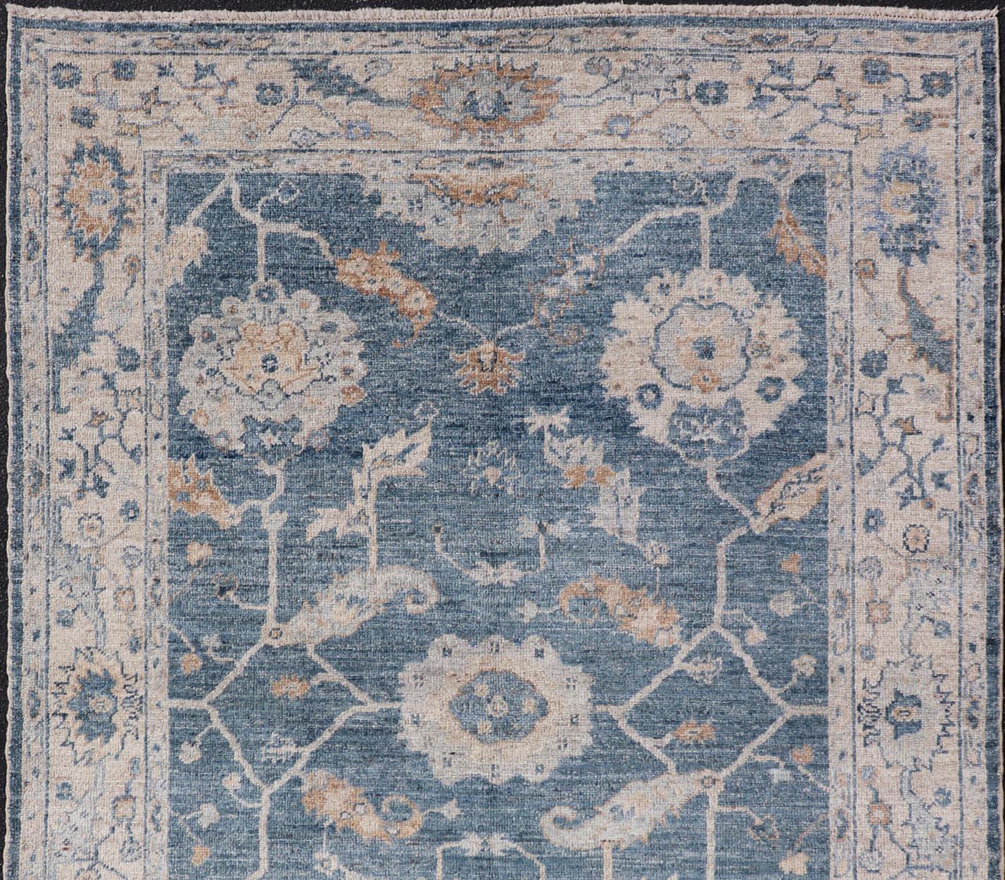 Hand-Knotted Angora Turkish Oushak Floral Design in Blue, Creams and Mocha Colors For Sale