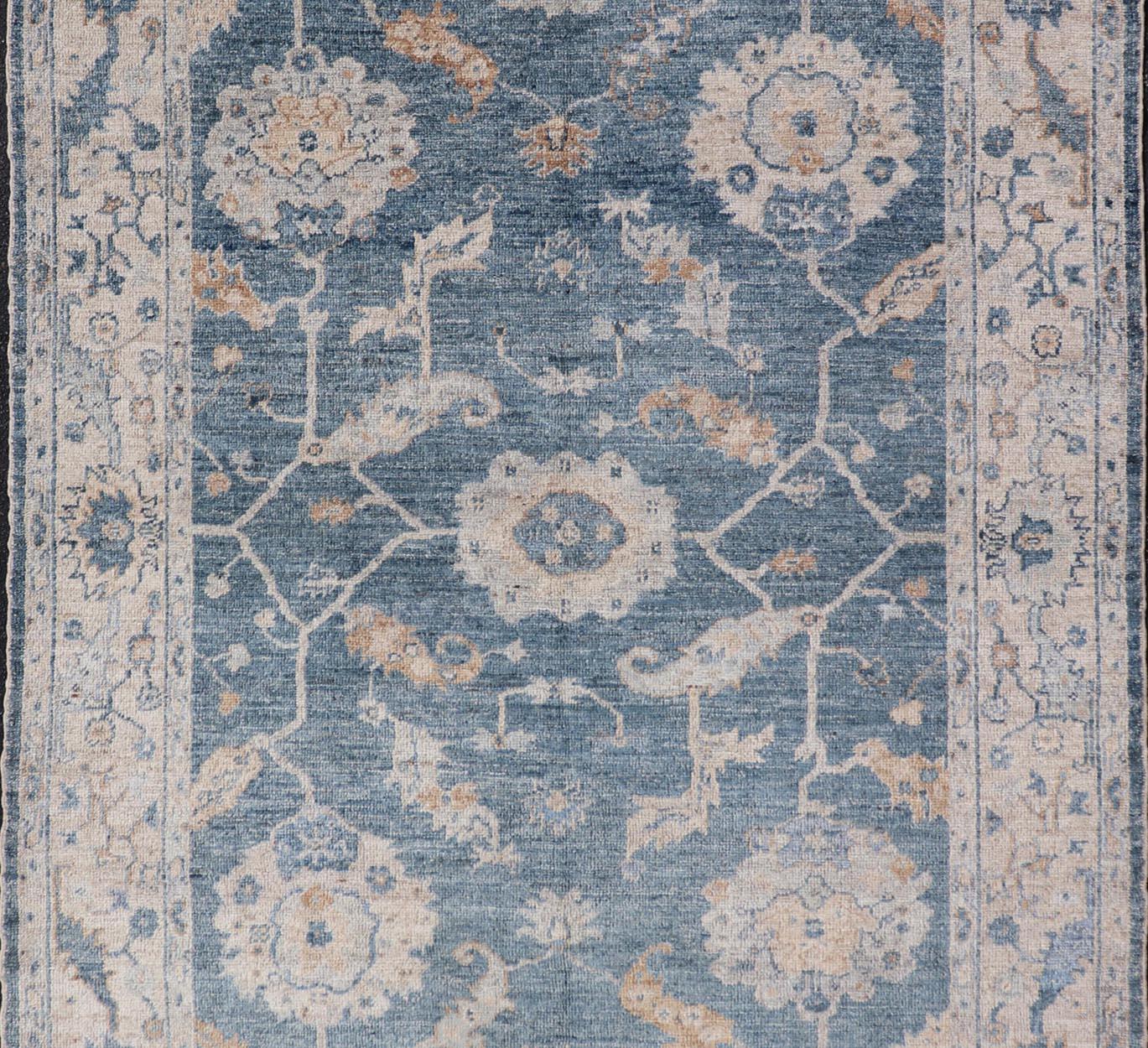 Angora Turkish Oushak Floral Design in Blue, Creams and Mocha Colors In Excellent Condition For Sale In Atlanta, GA
