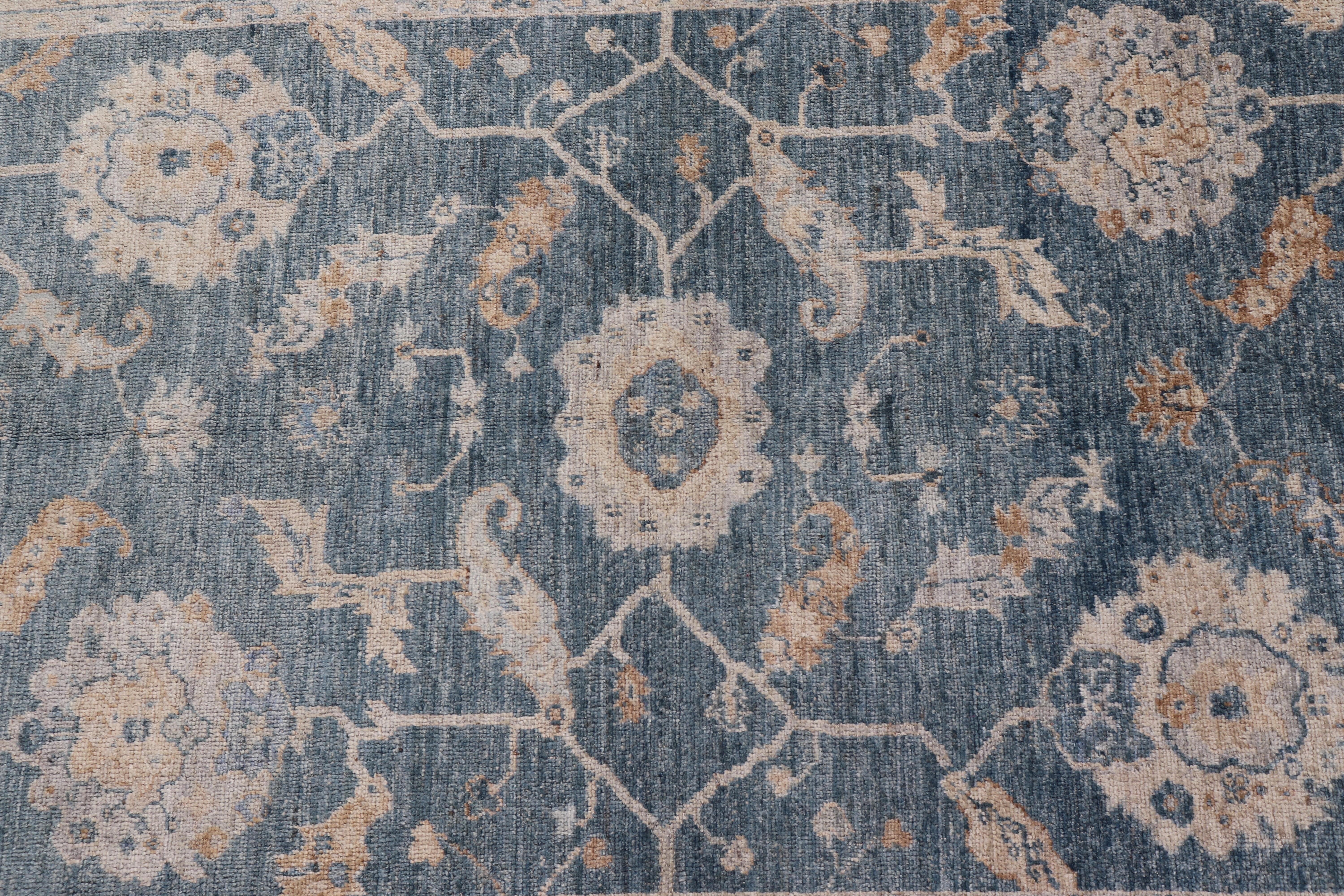 Contemporary Angora Turkish Oushak Floral Design in Blue, Creams and Mocha Colors For Sale