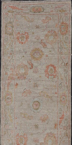 Angora Turkish Oushak Floral Runner in Cream with Pops of Orange, Green and Blue