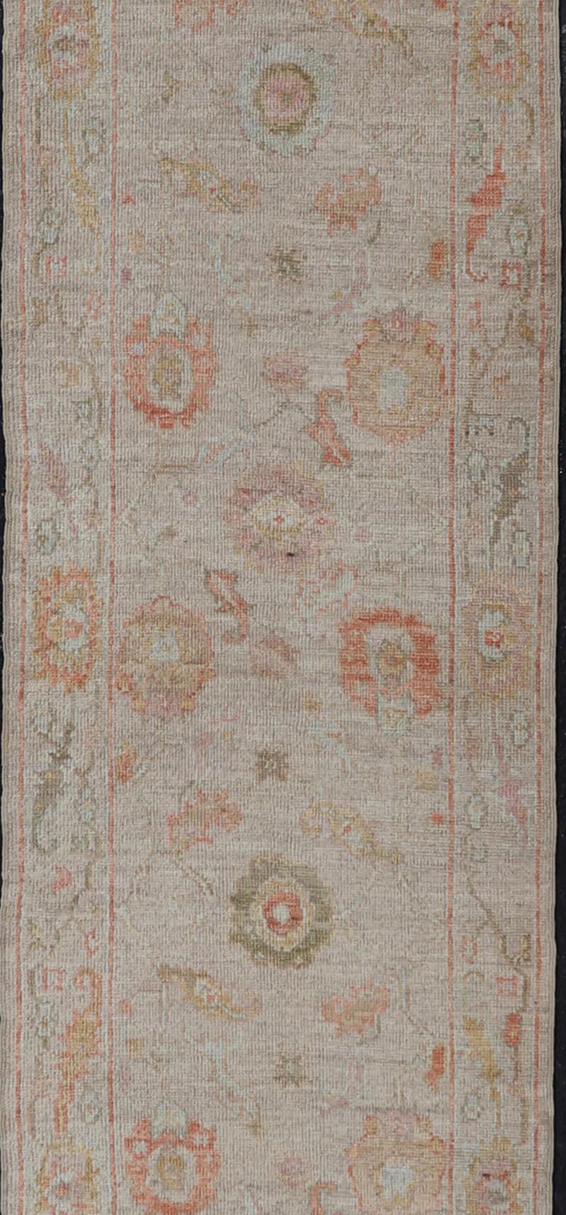 Hand-Knotted Angora Turkish Oushak Floral Runner in Cream with Pops of Orange, Green and Blue For Sale