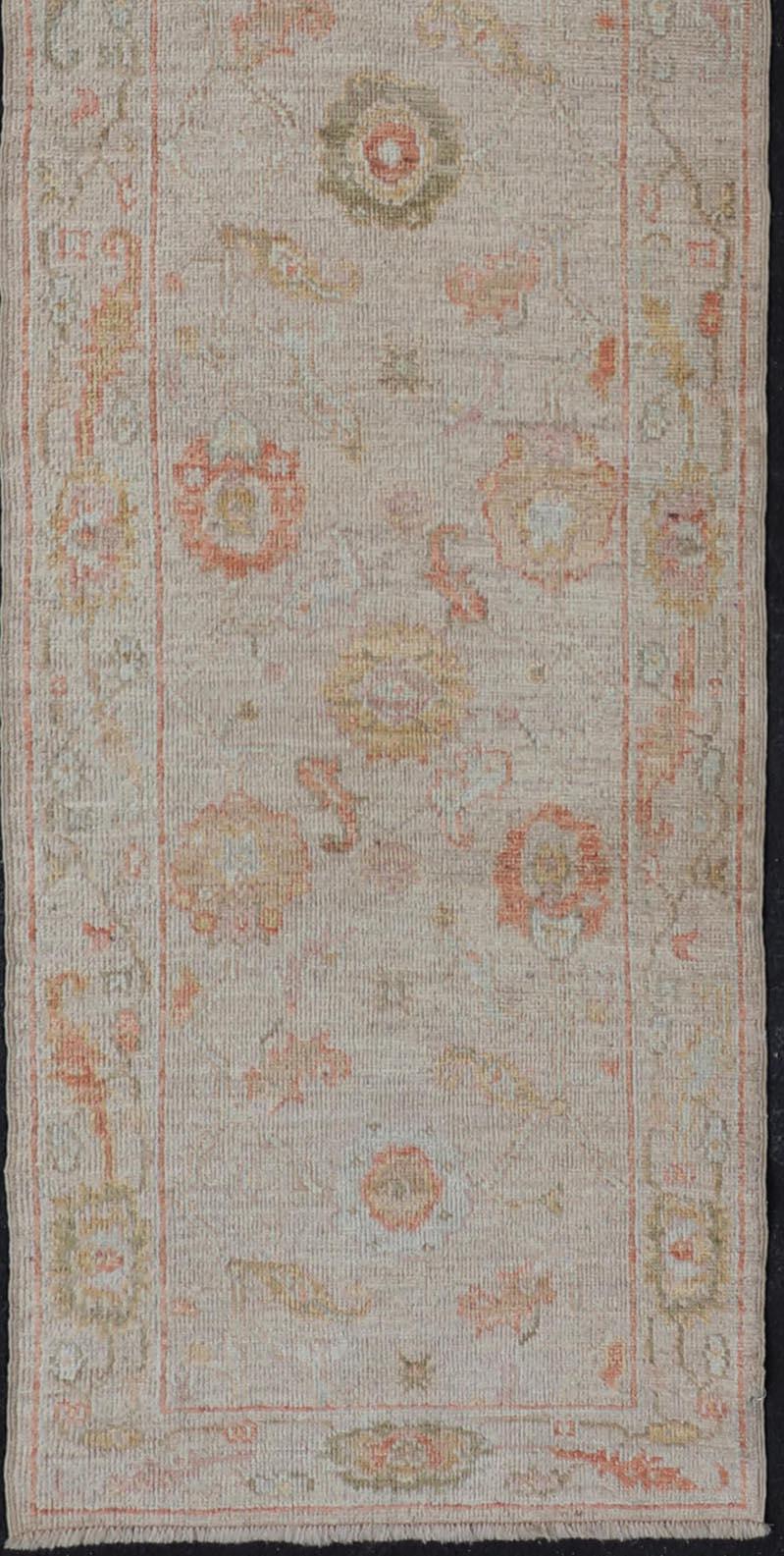Angora Turkish Oushak Floral Runner in Cream with Pops of Orange, Green and Blue In New Condition For Sale In Atlanta, GA
