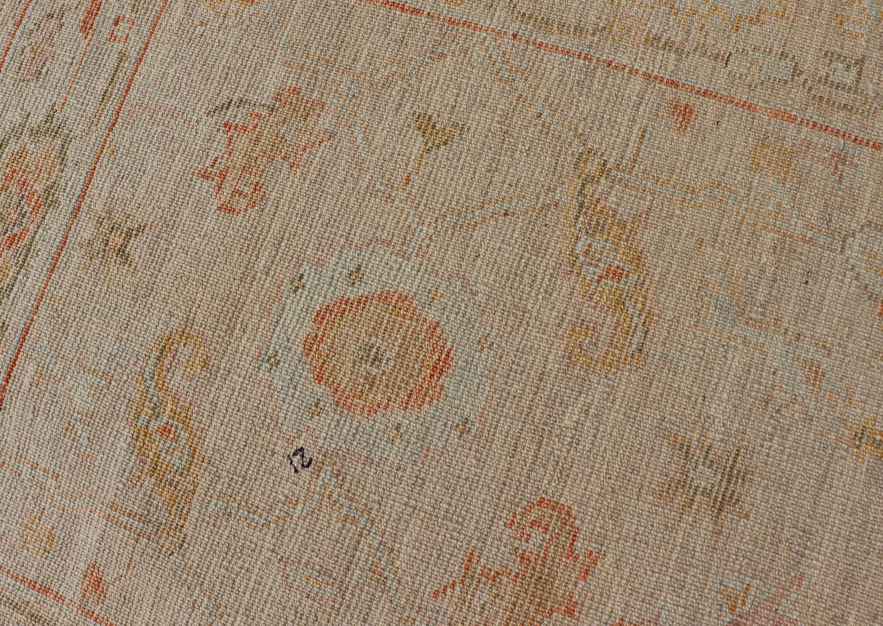 Contemporary Angora Turkish Oushak Floral Runner in Cream with Pops of Orange, Green and Blue For Sale