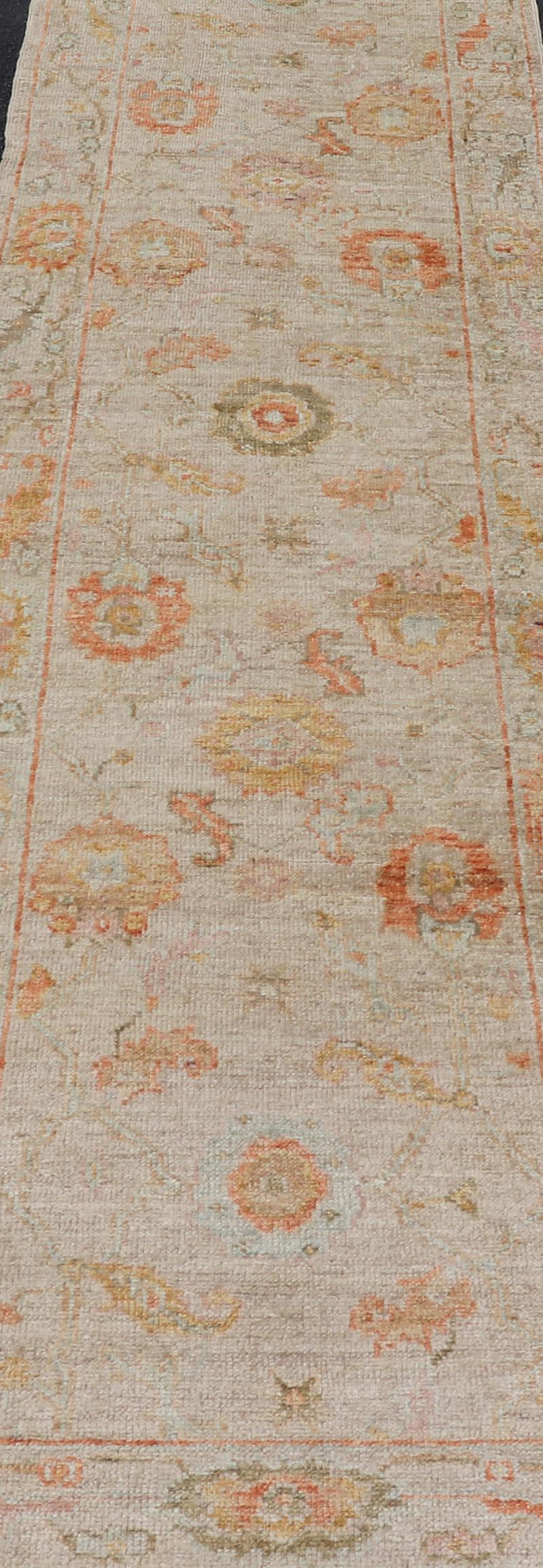 Wool Angora Turkish Oushak Floral Runner in Cream with Pops of Orange, Green and Blue For Sale