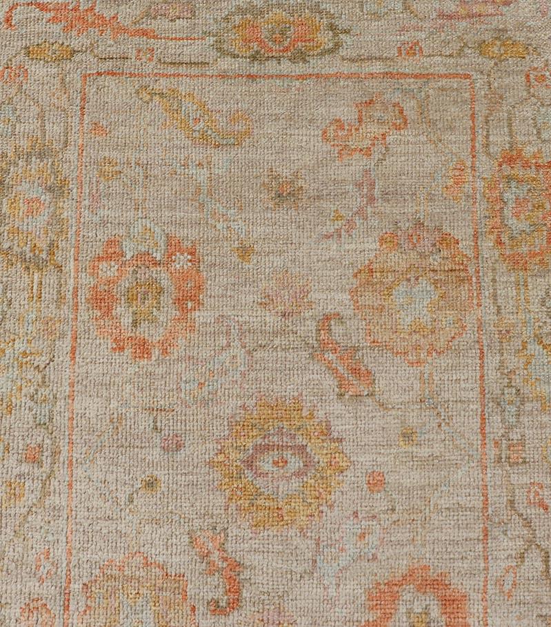 Angora Turkish Oushak Floral Runner in Cream with Pops of Orange, Green and Blue For Sale 2