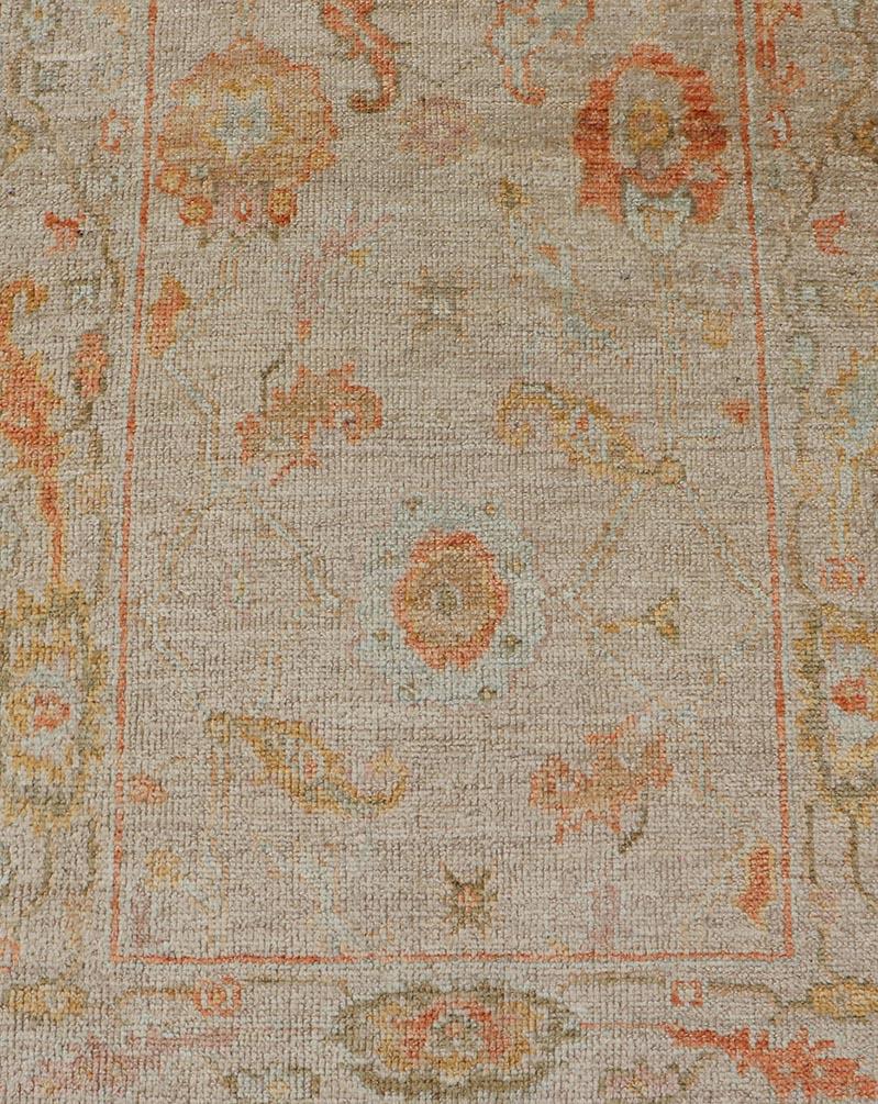 Angora Turkish Oushak Floral Runner in Cream with Pops of Orange, Green and Blue For Sale 3