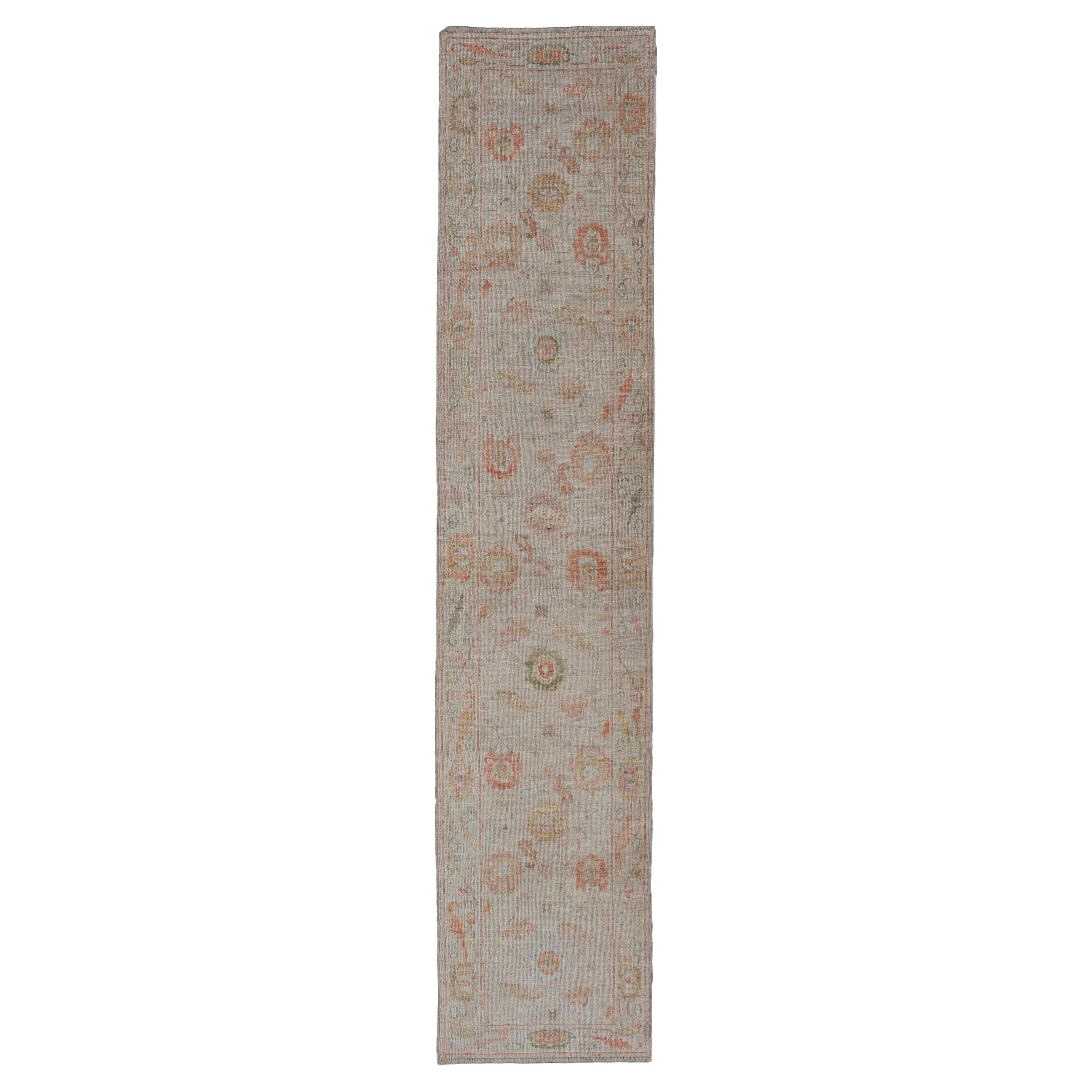 Angora Turkish Oushak Floral Runner in Cream with Pops of Orange, Green and Blue For Sale