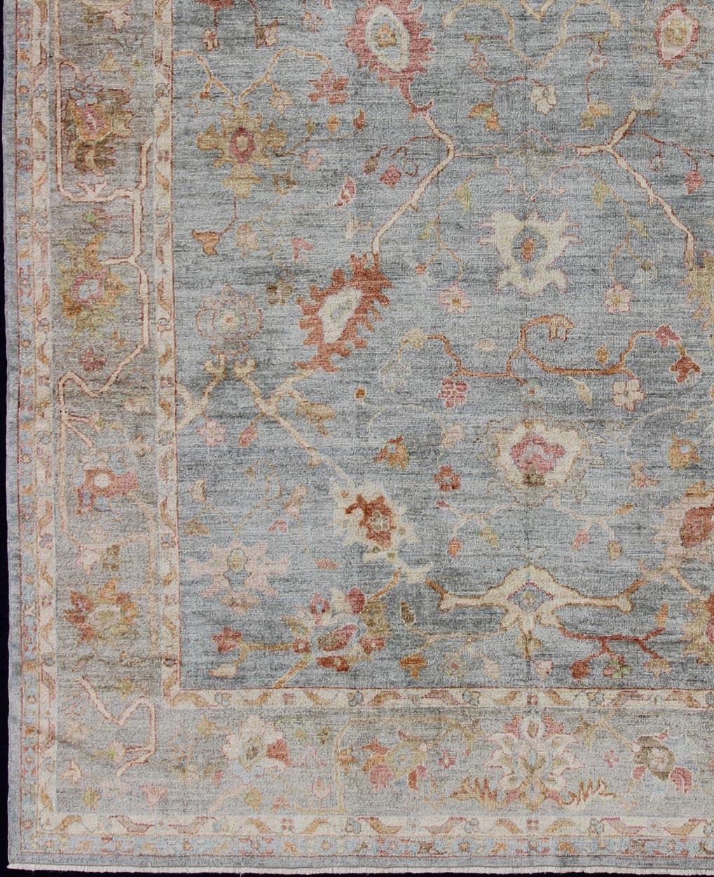 light blue, coral, and grey angora Oushak rug from Turkey, rug an-134588, country of origin / type: Turkey / Angora Oushak

From our Angora Collection, this piece is made with a combination of angora and old wool. Featuring all organic materials,