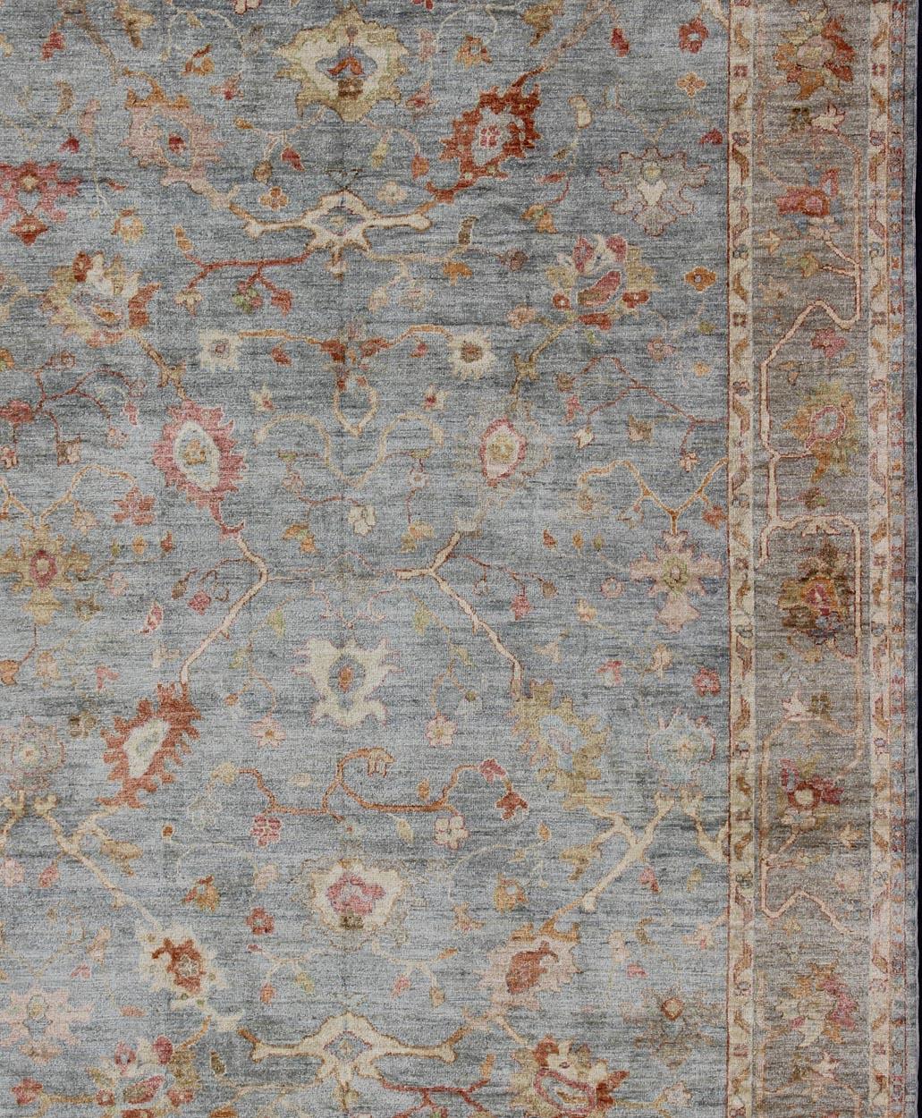 Hand-Knotted Angora Turkish Oushak Large Rug in Gray, Light Blue, and Coral