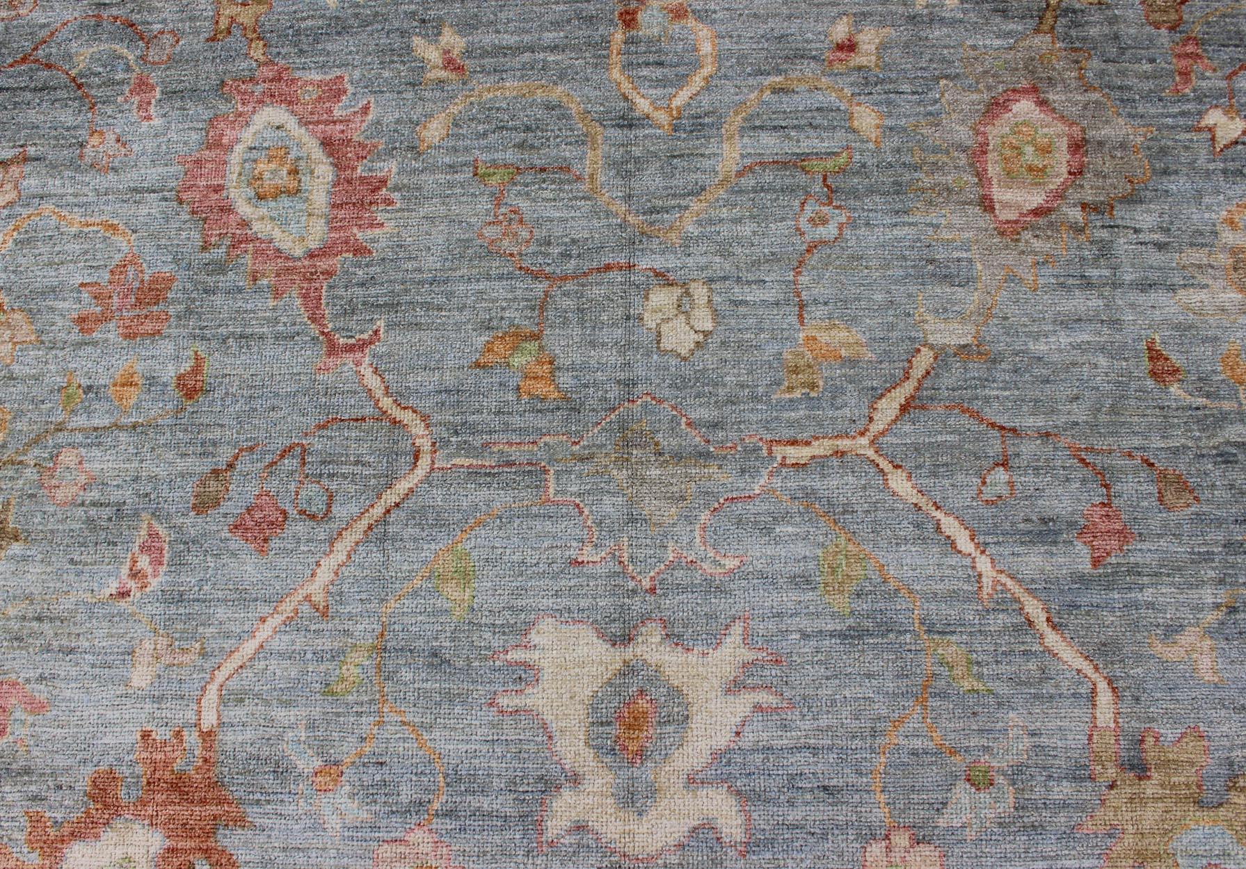 Contemporary Angora Turkish Oushak Large Rug in Gray, Light Blue, and Coral