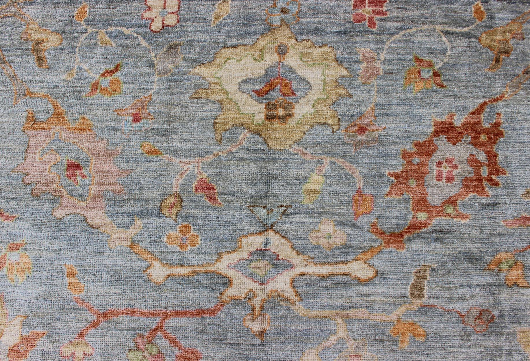 Wool Angora Turkish Oushak Large Rug in Gray, Light Blue, and Coral