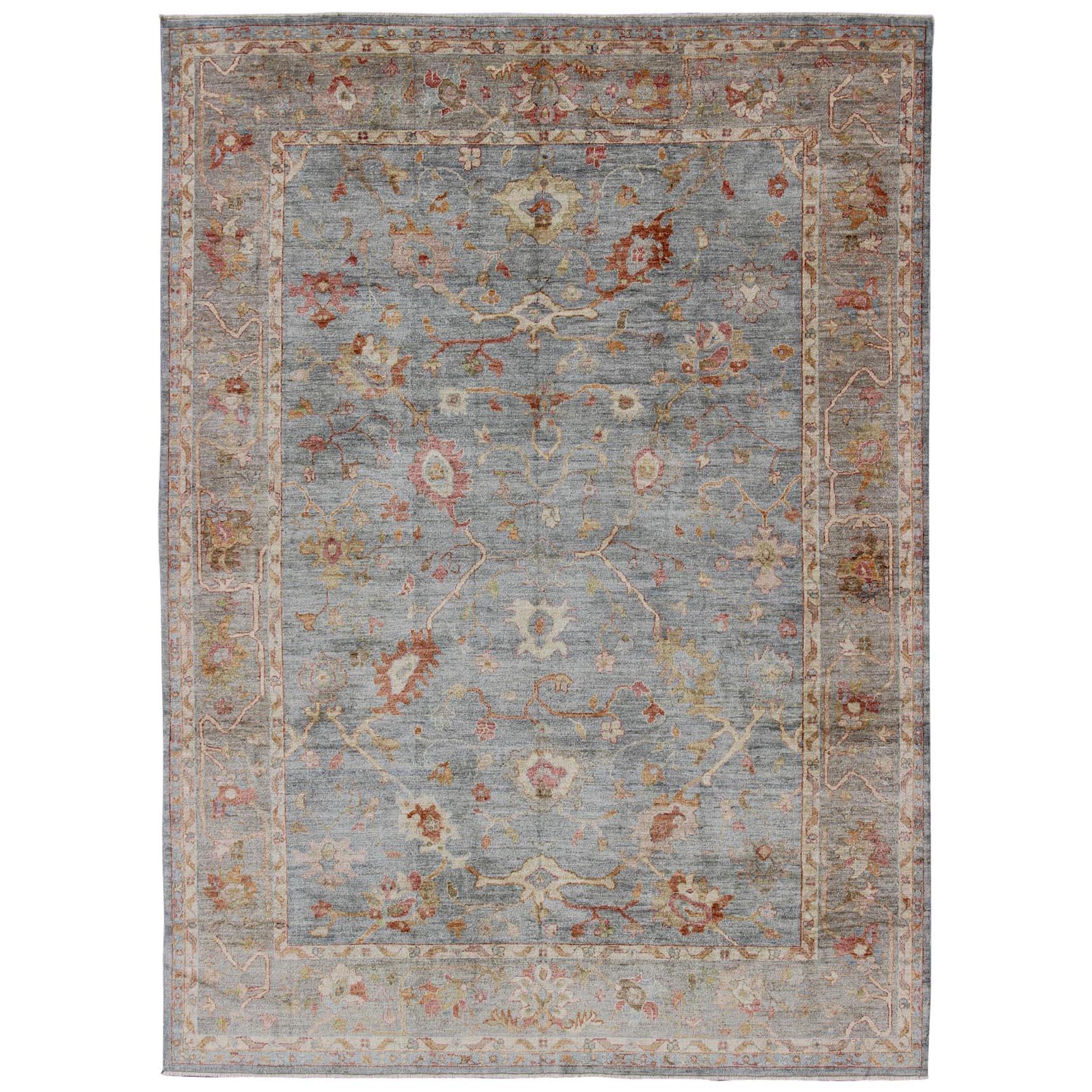 Angora Turkish Oushak Large Rug in Gray, Light Blue, and Coral