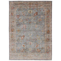 Angora Turkish Oushak Large Rug in Gray, Light Blue, and Coral