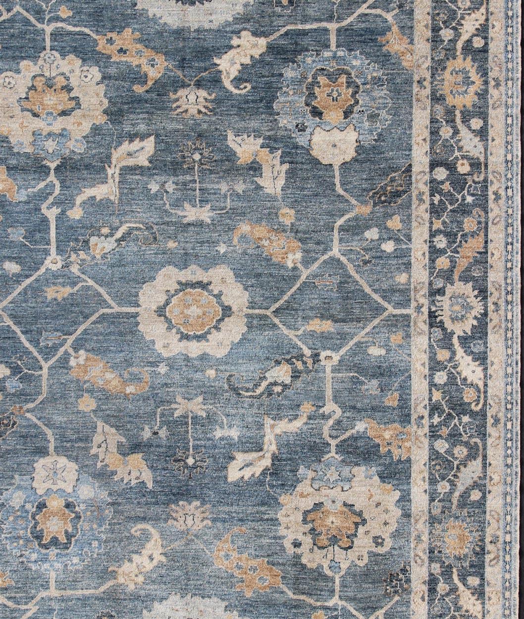 Hand-Knotted Angora Turkish Oushak Rug in Blue 