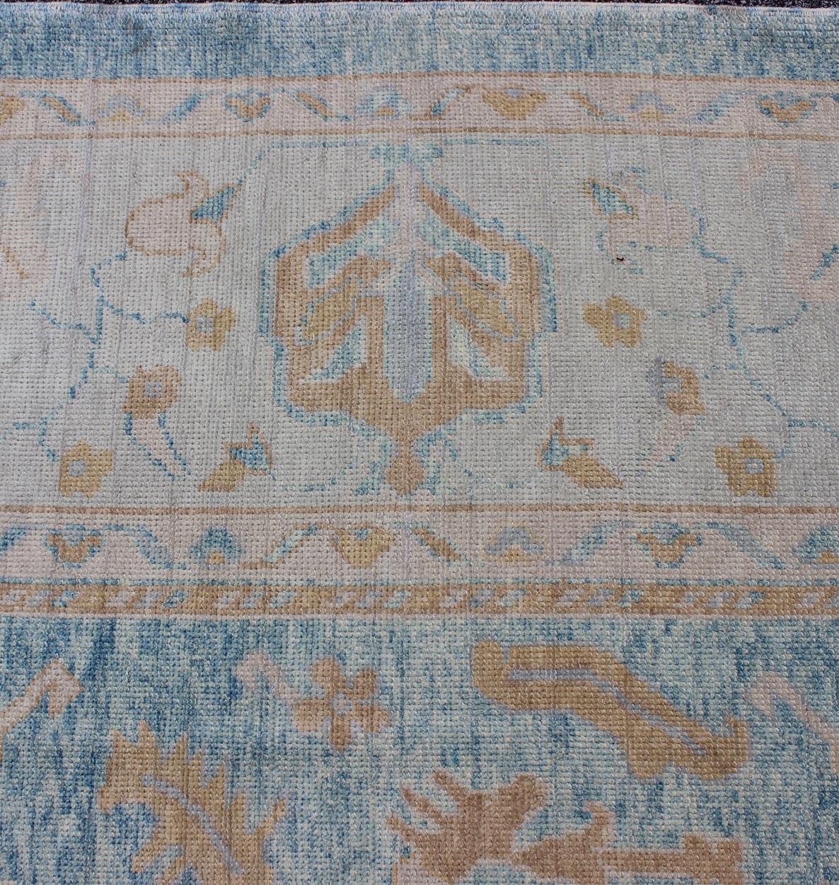 Hand-Knotted Angora Turkish Oushak Rug in Blue, Silver, Taupe and Tan Colors For Sale